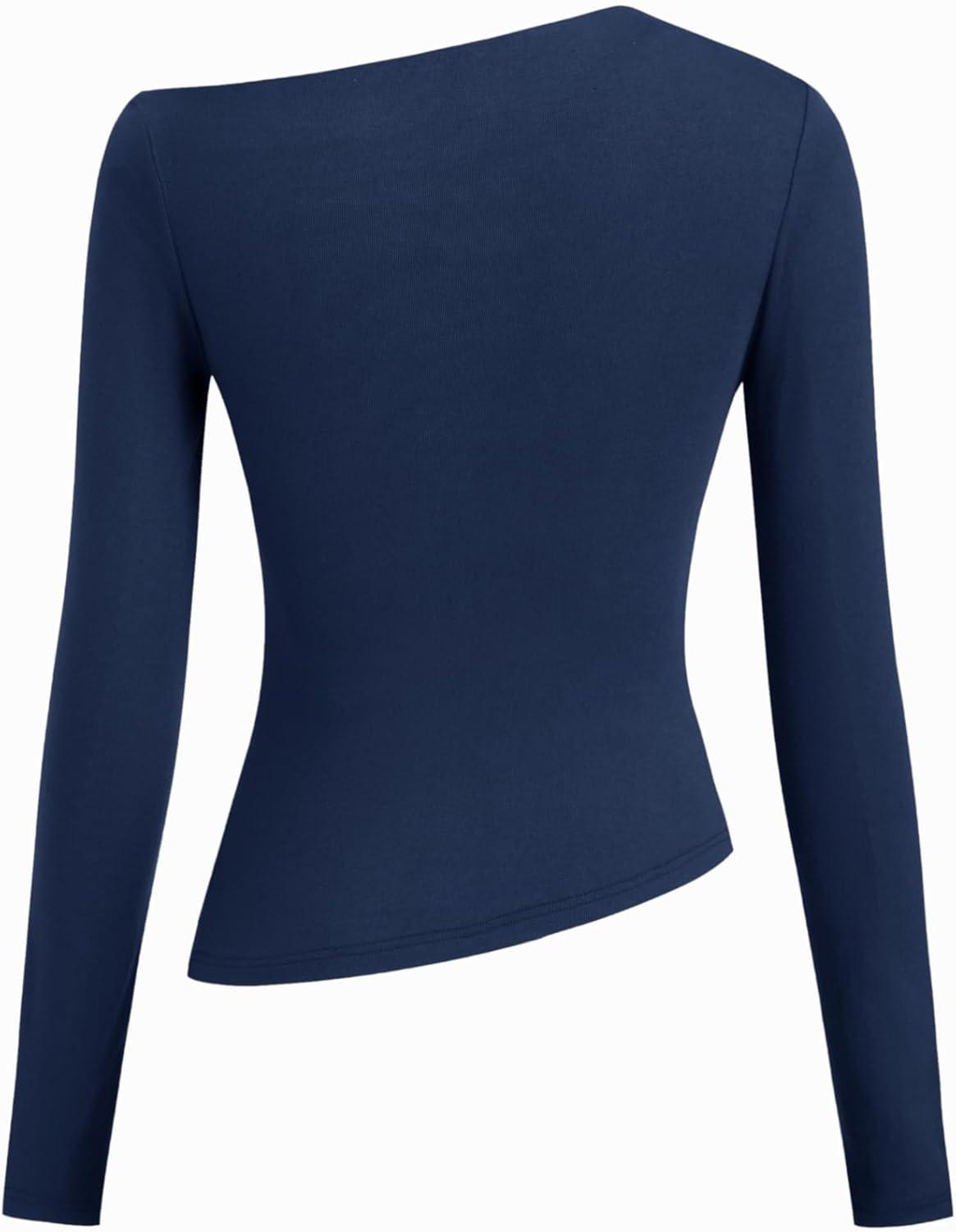 imageCIDER Off The Shoulder Tops for Women Long Sleeve Shirts Asymmetrical Neck Ruched Going Out Tops Y2K Slim Fit Fall TopNavy Blue