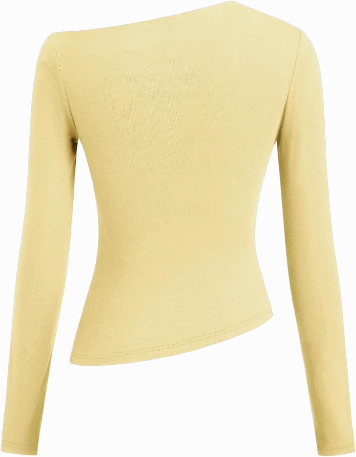 imageCIDER Off The Shoulder Tops for Women Long Sleeve Shirts Asymmetrical Neck Ruched Going Out Tops Y2K Slim Fit Fall TopYellow