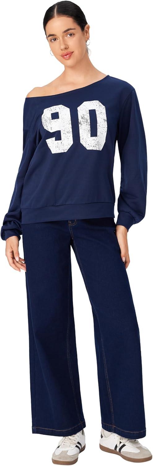 imageCIDER Off the Shoulder Sweatshirt for Women Graphic Sweatshirts Long Sleeve Pullover Tops Casual Fall OutfitsNavy Blue