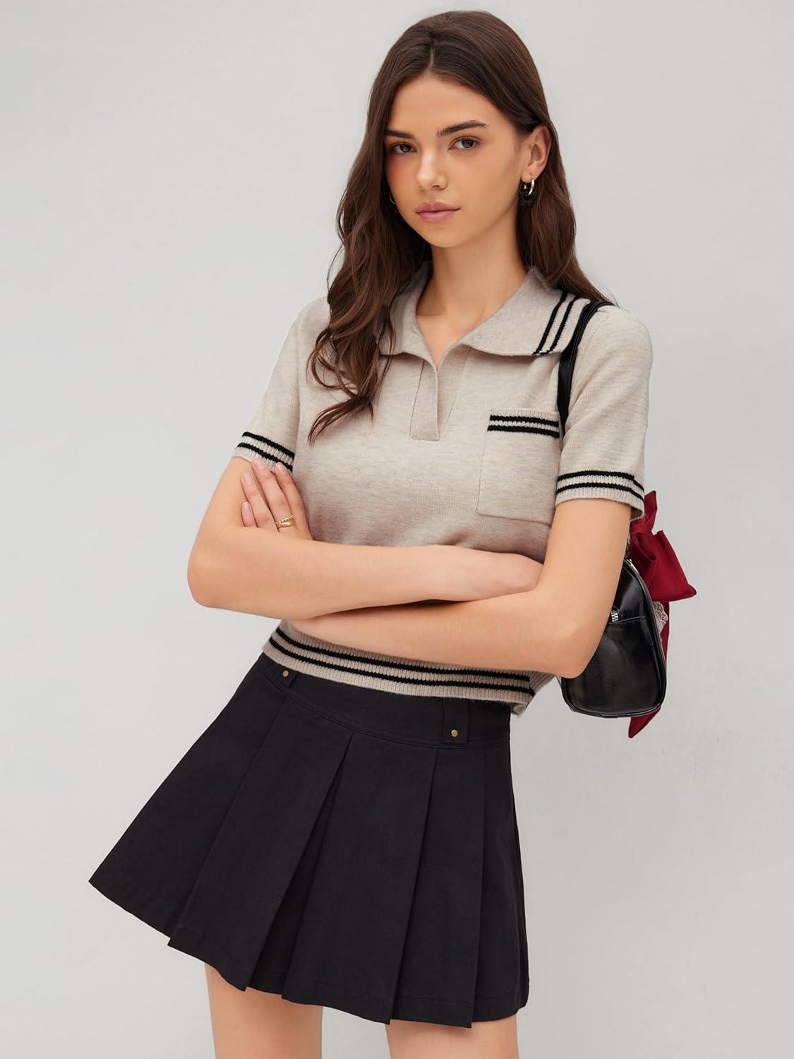 imageCIDER Short Sleeve Sweater Knit Top Collar Neck Stripe Pullover Casual Elegant Womens Collared SweatersCream