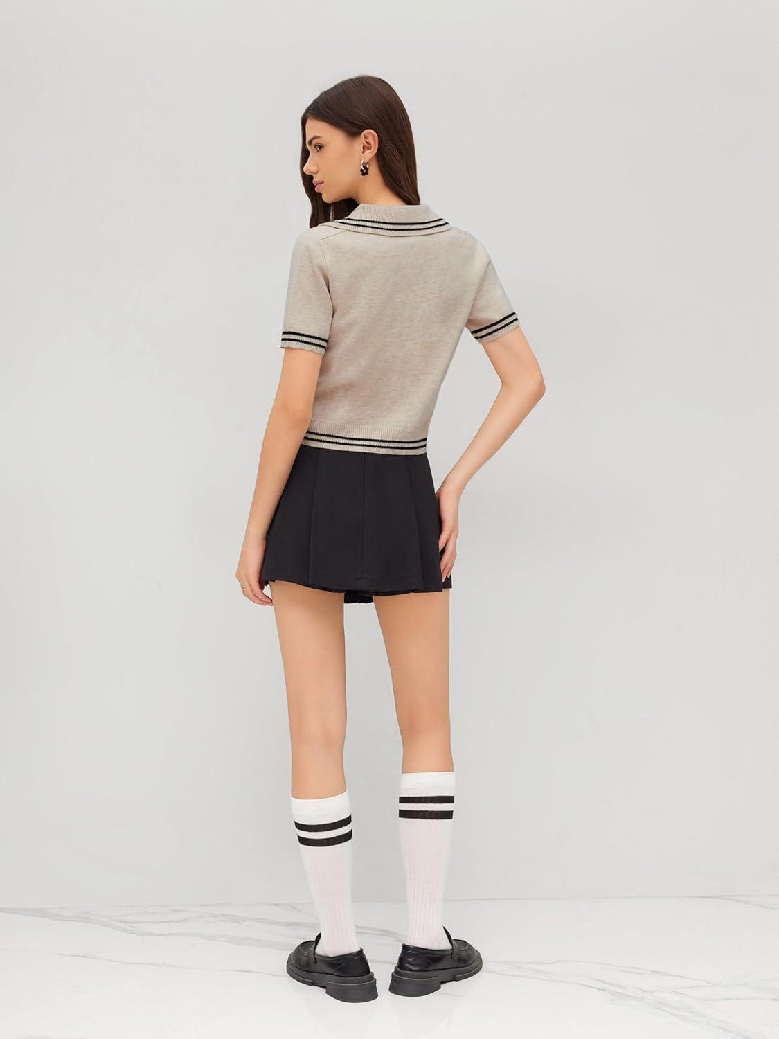 imageCIDER Short Sleeve Sweater Knit Top Collar Neck Stripe Pullover Casual Elegant Womens Collared SweatersCream