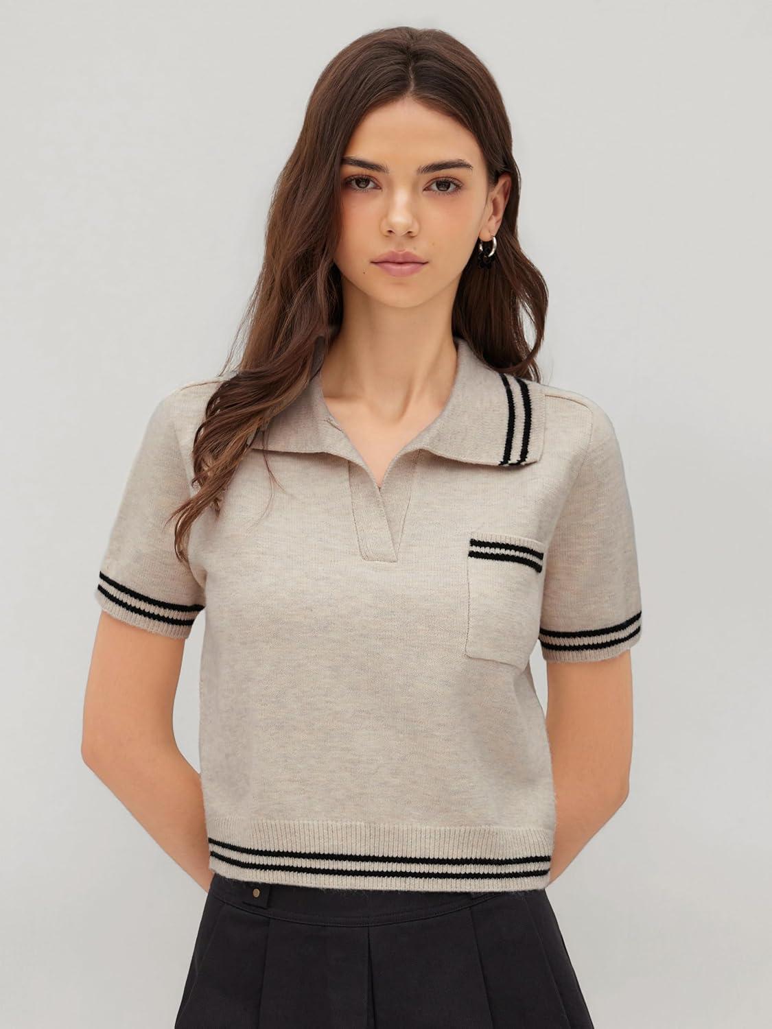 imageCIDER Short Sleeve Sweater Knit Top Collar Neck Stripe Pullover Casual Elegant Womens Collared SweatersCream