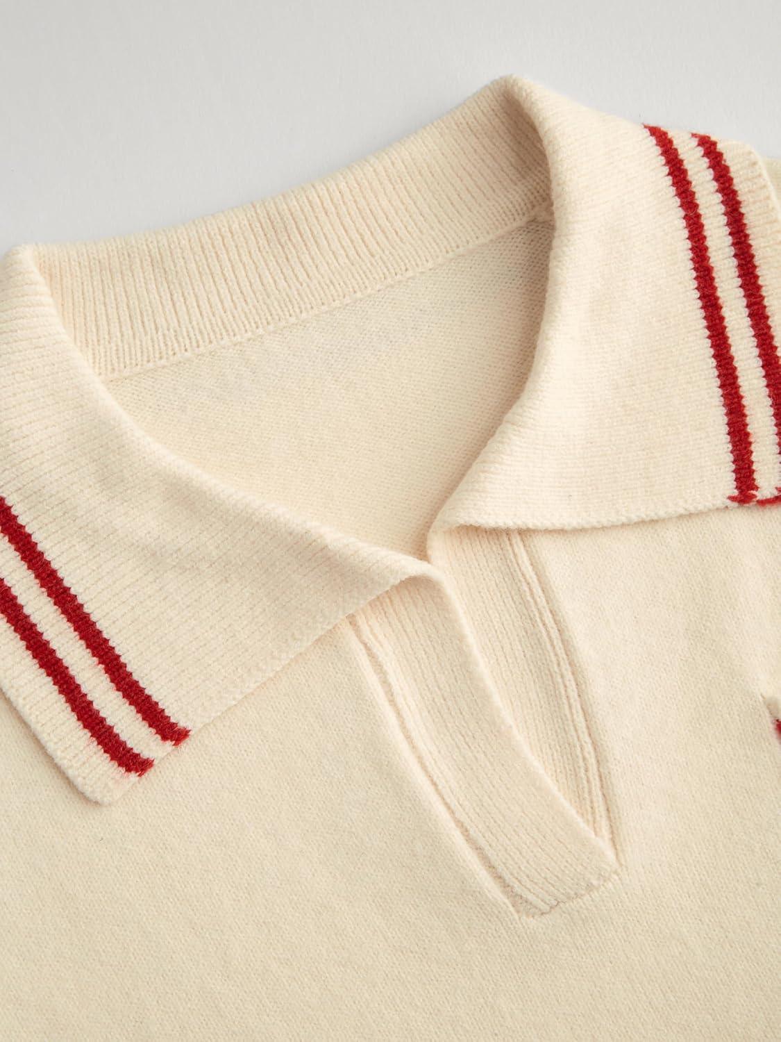 imageCIDER Short Sleeve Sweater Knit Top Collar Neck Stripe Pullover Casual Elegant Womens Collared SweatersRed