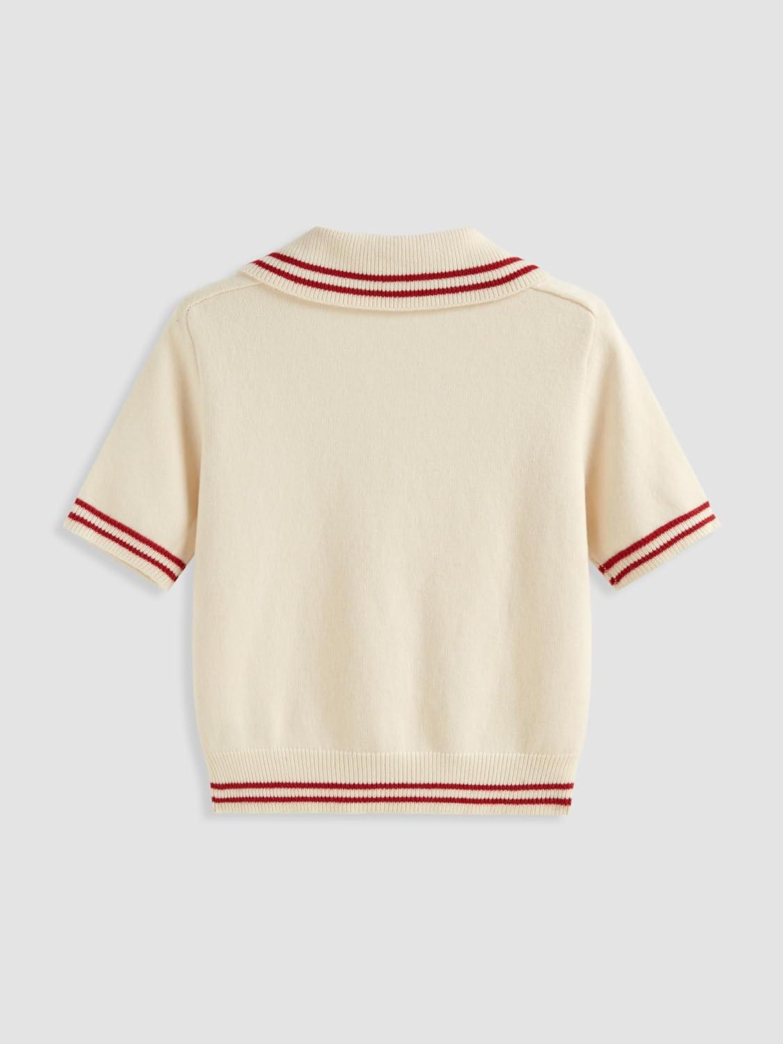 imageCIDER Short Sleeve Sweater Knit Top Collar Neck Stripe Pullover Casual Elegant Womens Collared SweatersRed