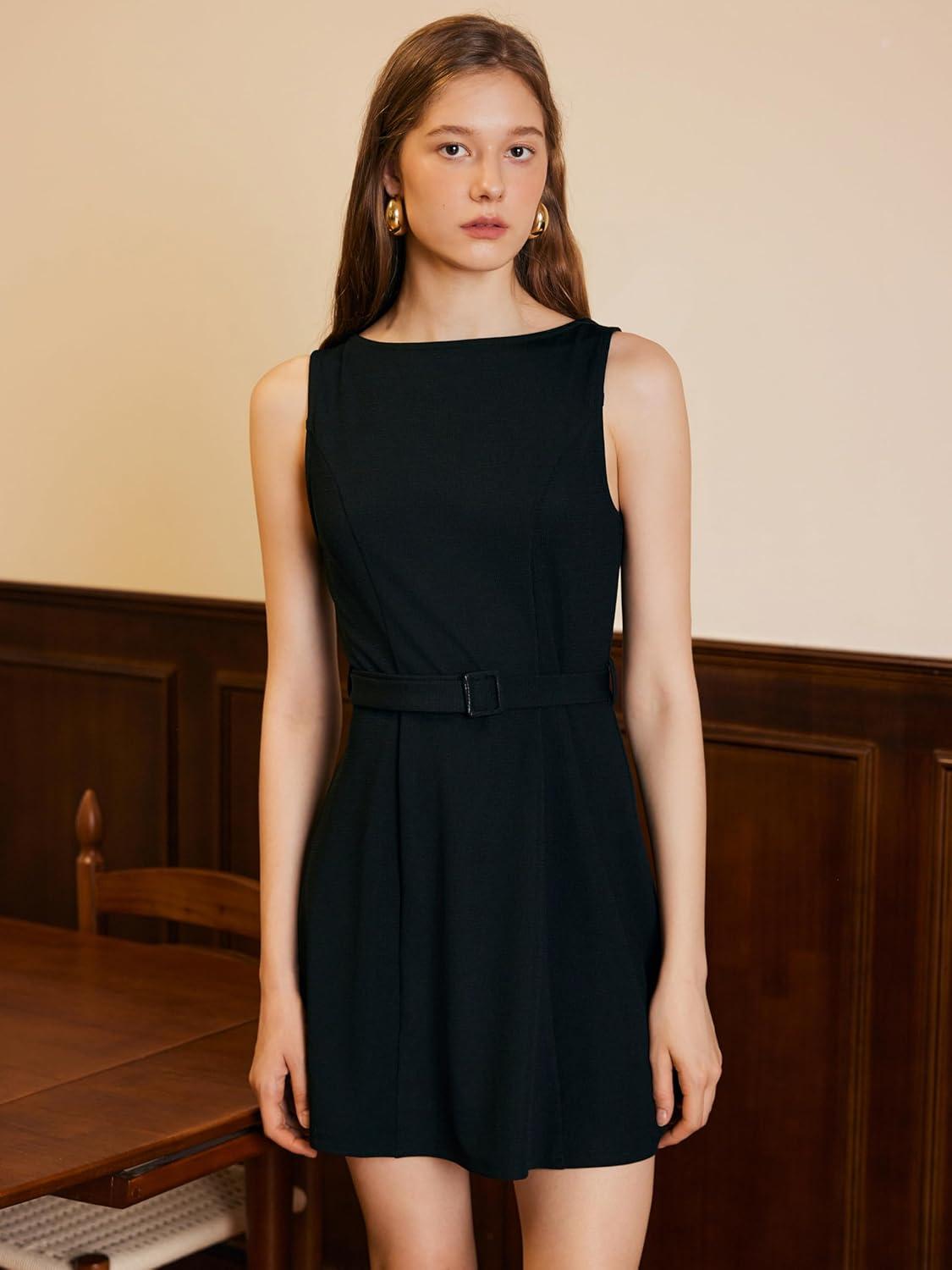 imageCIDER Sleeveless Dress for Summer Womens Belted Mini ALine Casual Party DressBlack