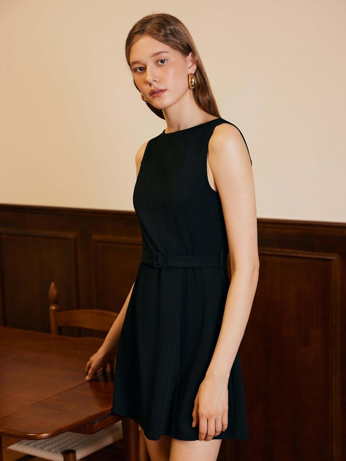 imageCIDER Sleeveless Dress for Summer Womens Belted Mini ALine Casual Party DressBlack