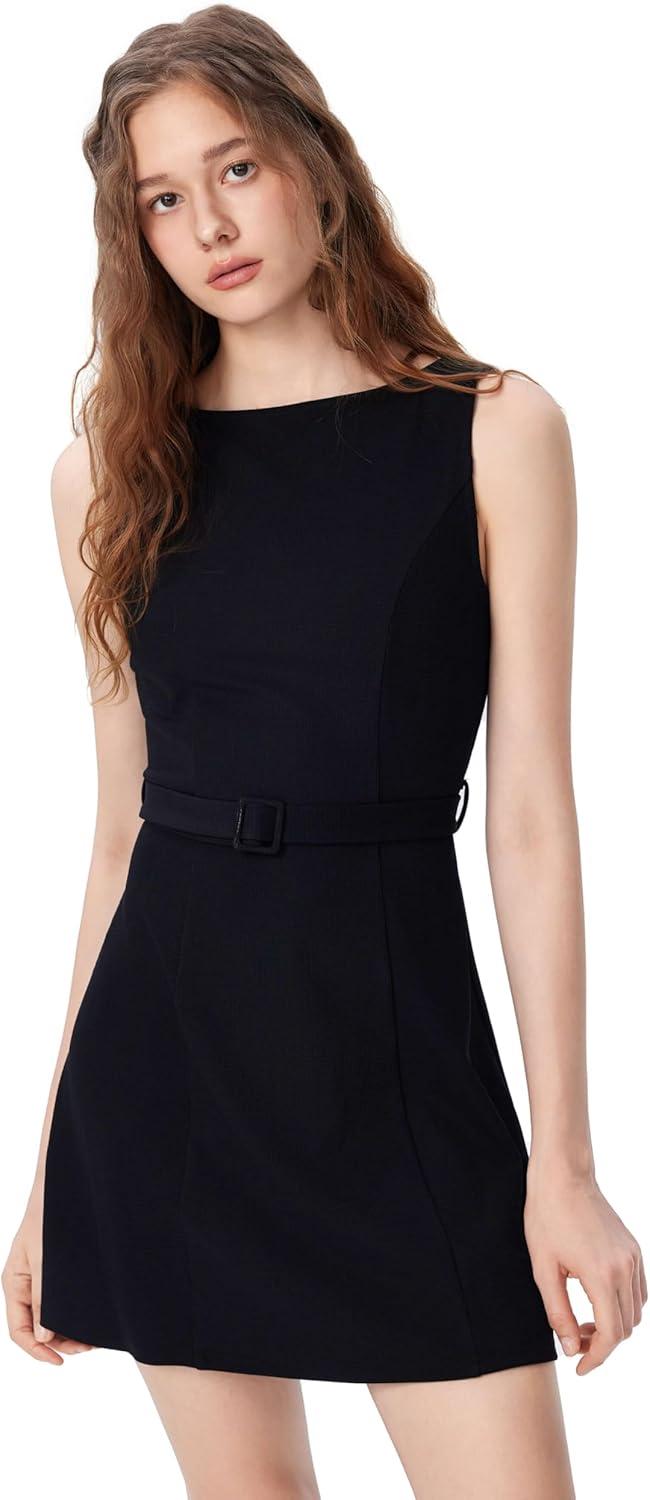 imageCIDER Sleeveless Dress for Summer Womens Belted Mini ALine Casual Party DressBlack