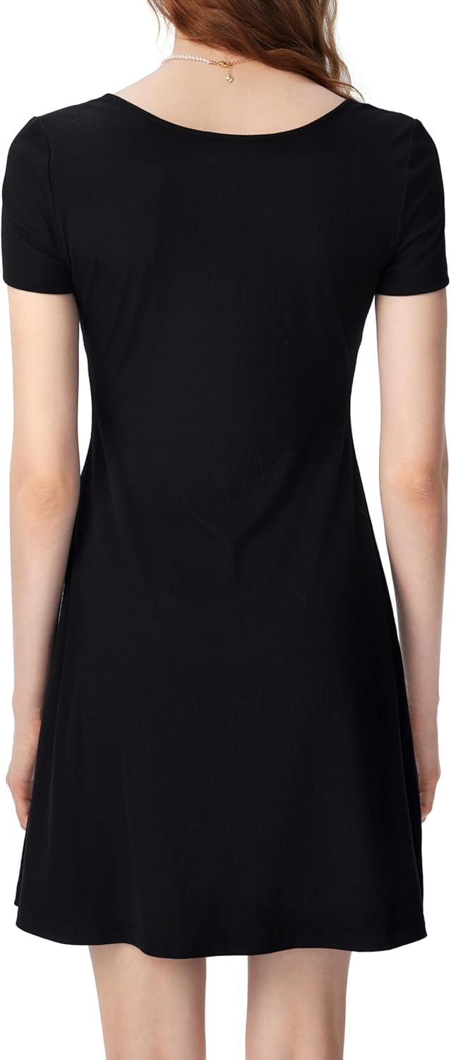 imageCIDER Square Neck Ribbed Bodycon for Women Mini Elegant Short Sleeve DressBlack
