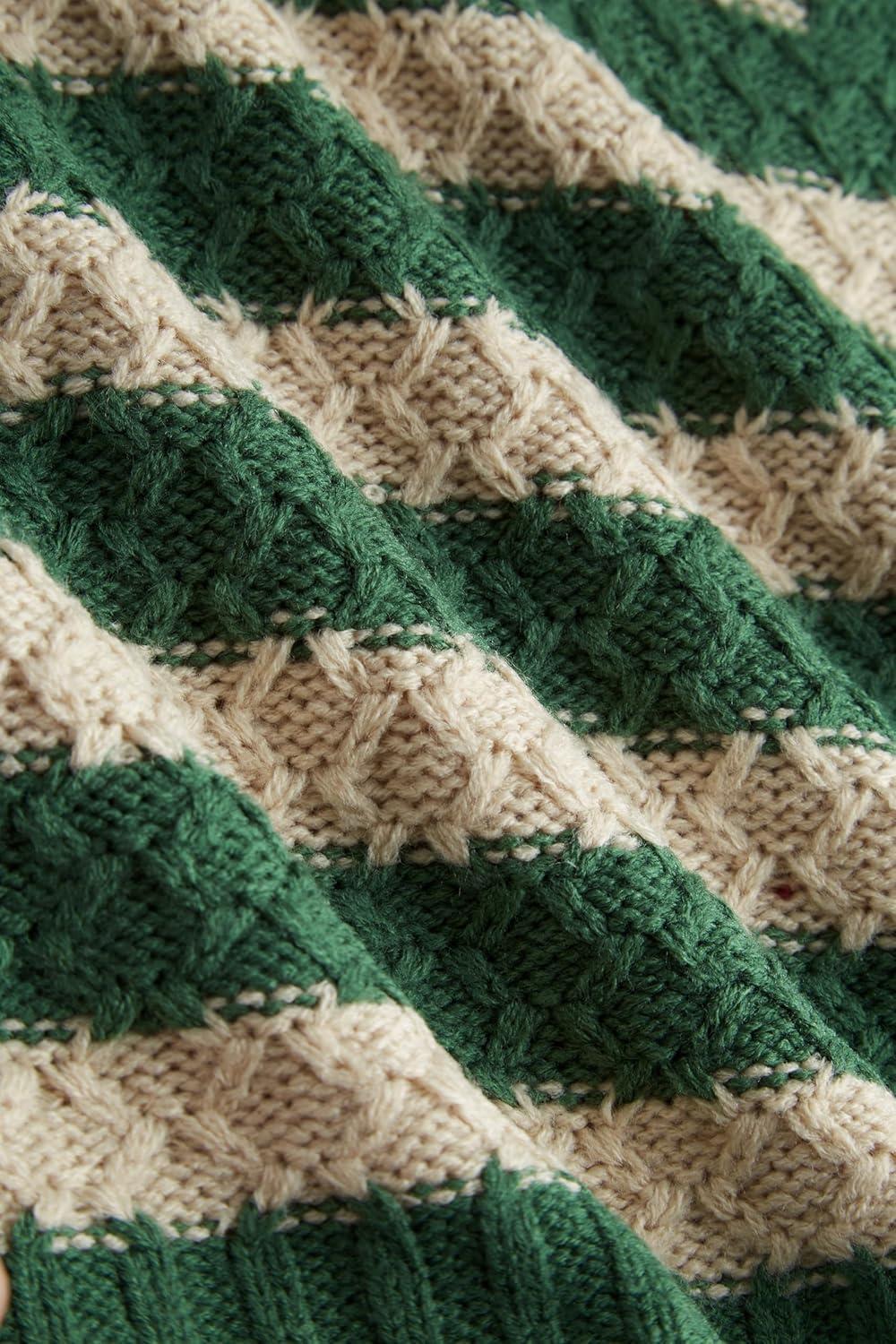 imageCIDER Striped Sweaters for Women Collar Knit Long Sleeve Knotted Loose Fit Pullover Winter Sweater Fall TopsGreen