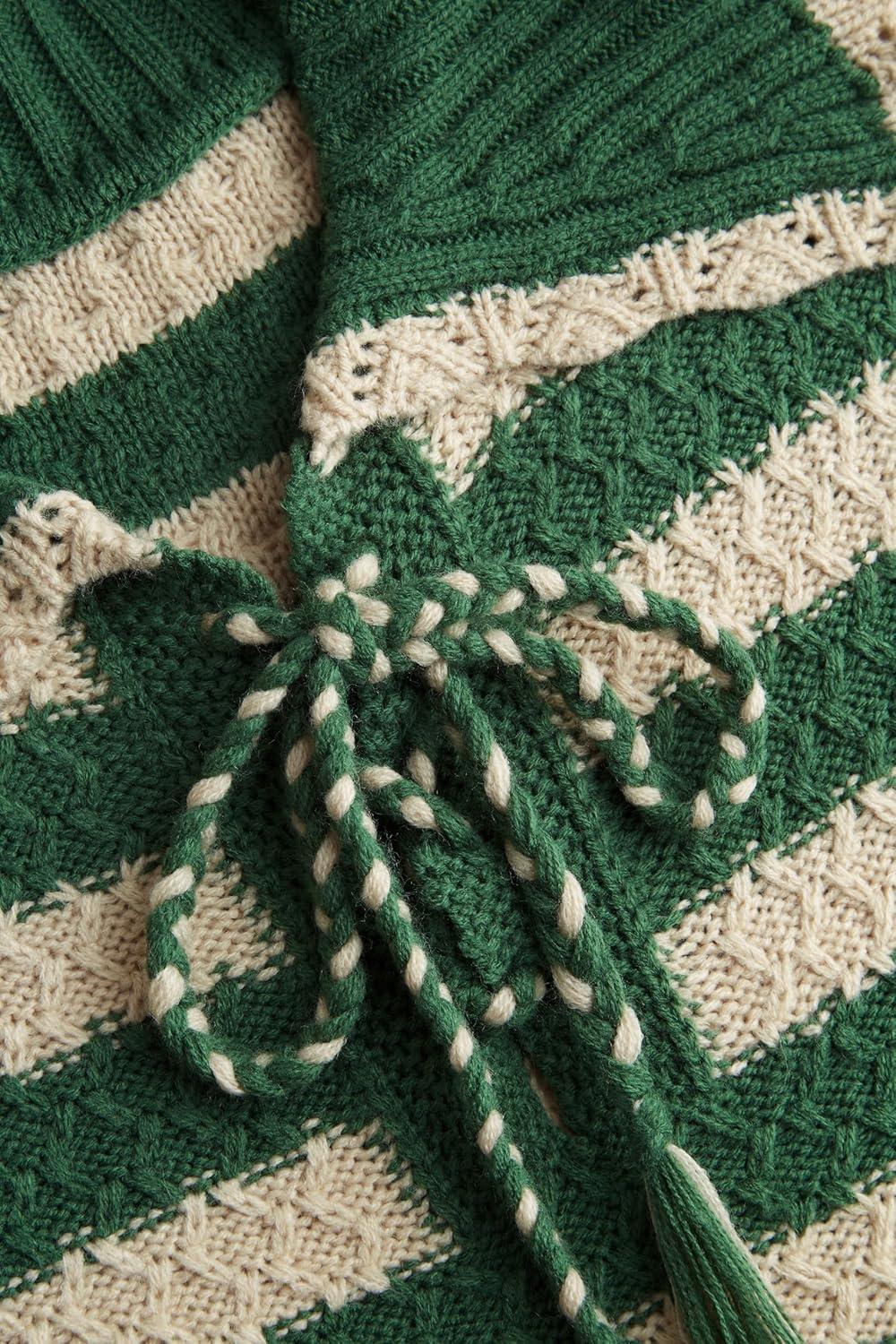 imageCIDER Striped Sweaters for Women Collar Knit Long Sleeve Knotted Loose Fit Pullover Winter Sweater Fall TopsGreen