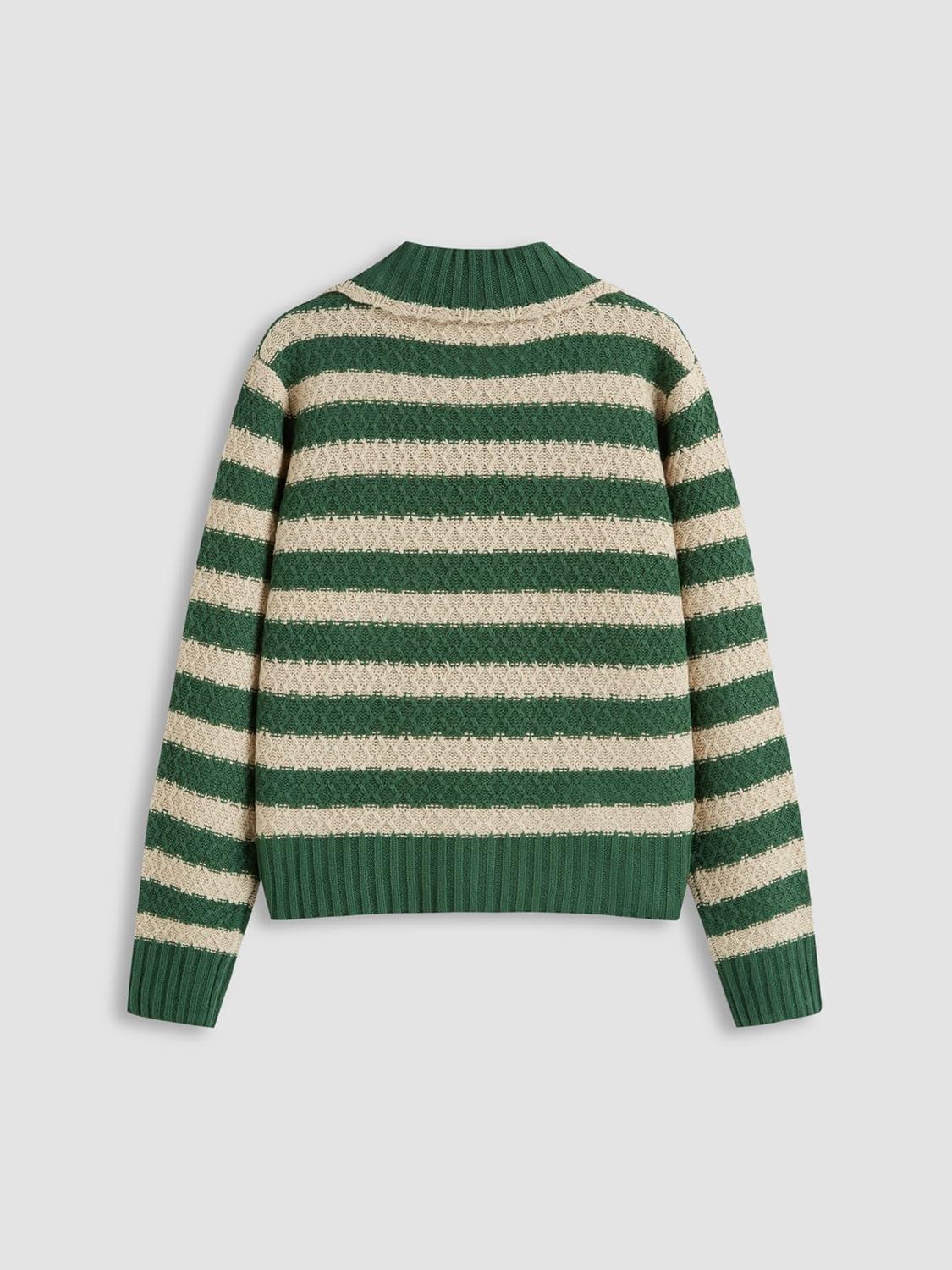 imageCIDER Striped Sweaters for Women Collar Knit Long Sleeve Knotted Loose Fit Pullover Winter Sweater Fall TopsGreen