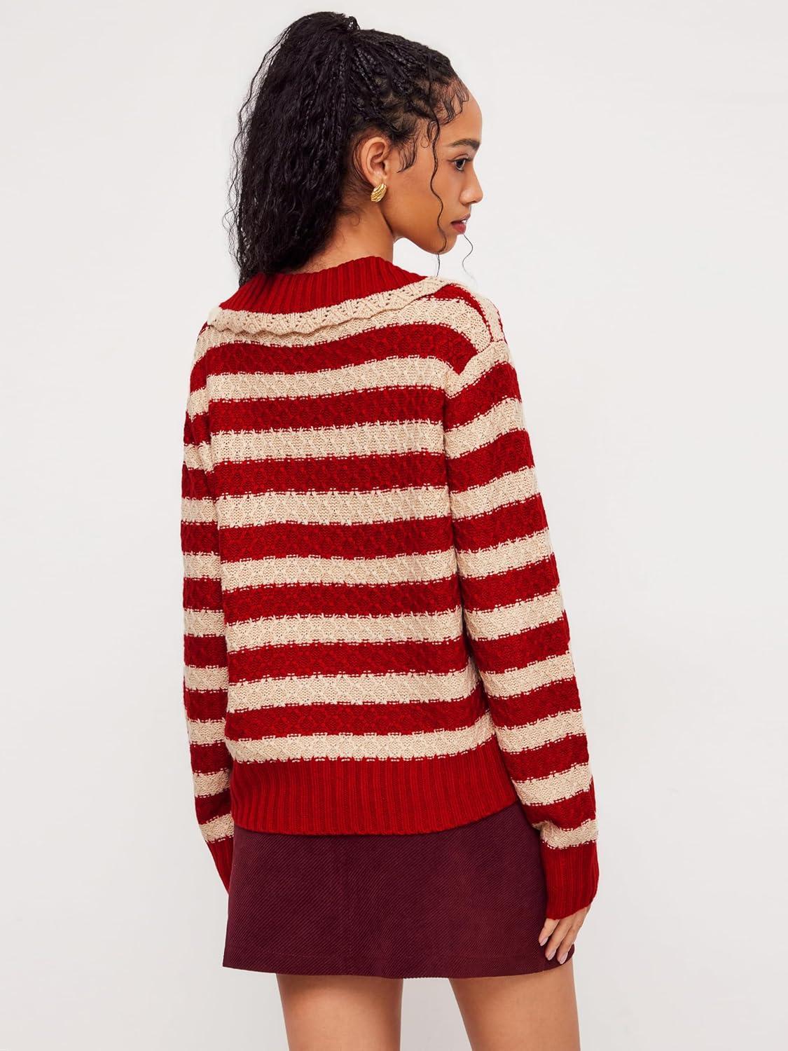 imageCIDER Striped Sweaters for Women Collar Knit Long Sleeve Knotted Loose Fit Pullover Winter Sweater Fall TopsRed