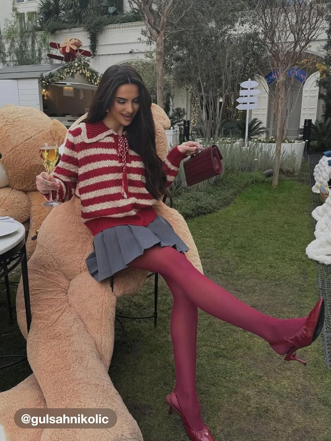 imageCIDER Striped Sweaters for Women Collar Knit Long Sleeve Knotted Loose Fit Pullover Winter Sweater Fall TopsRed