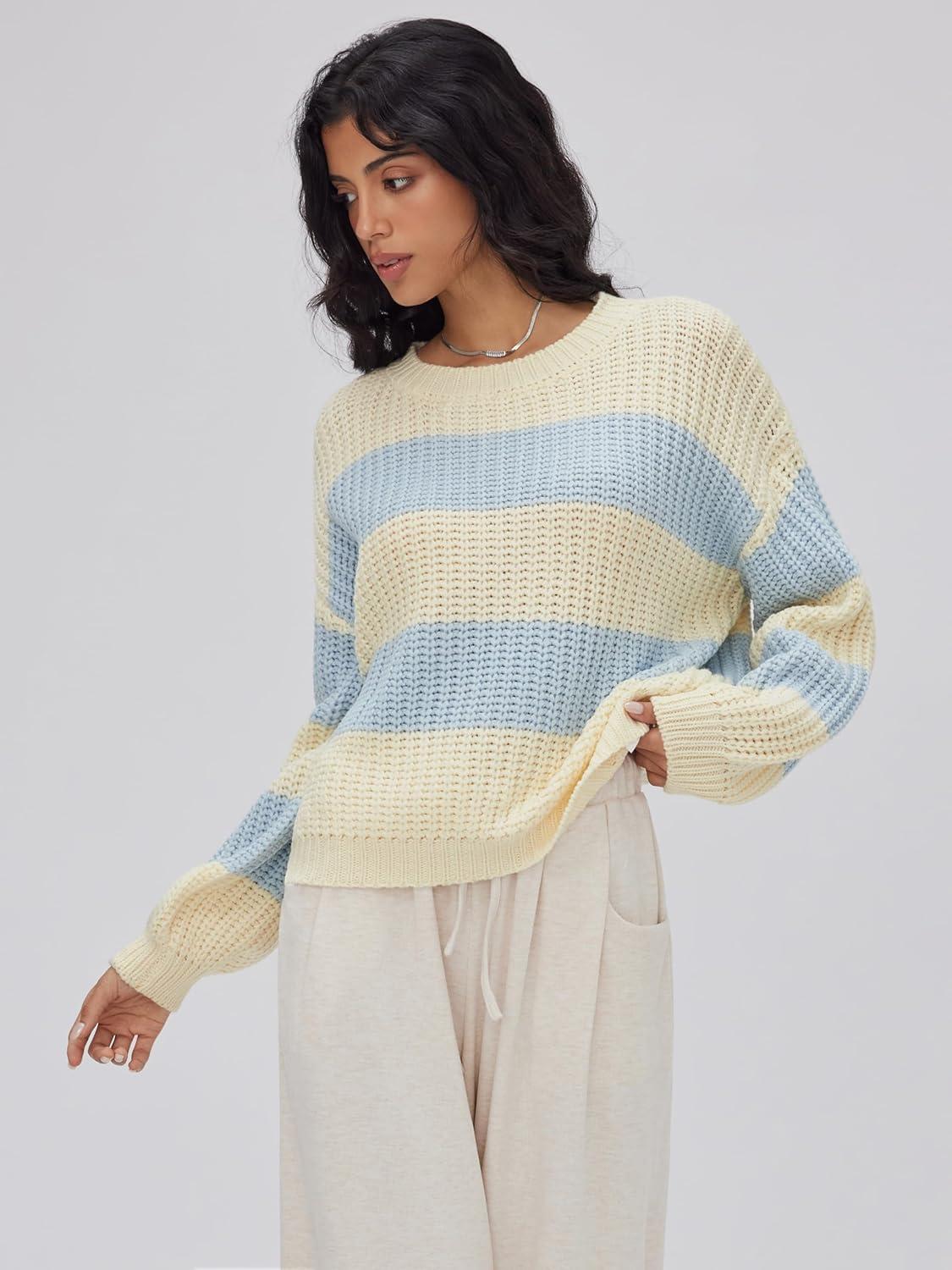 imageCIDER Striped Sweaters for Women Cute Long Sleeve Crew Neck Knit Lightweight Pullover Sweater Tops Fall Outfits TrendySky Blue