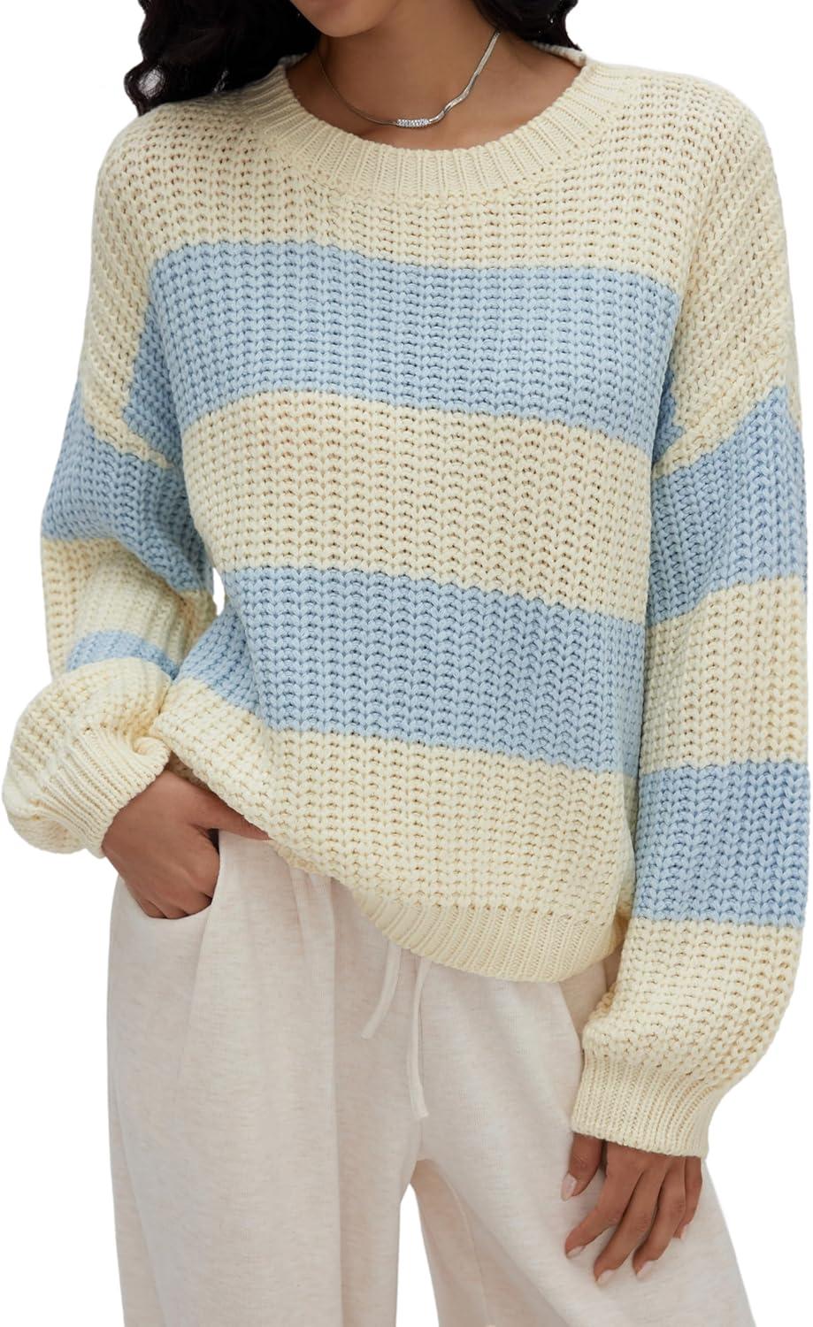 imageCIDER Striped Sweaters for Women Cute Long Sleeve Crew Neck Knit Lightweight Pullover Sweater Tops Fall Outfits TrendySky Blue