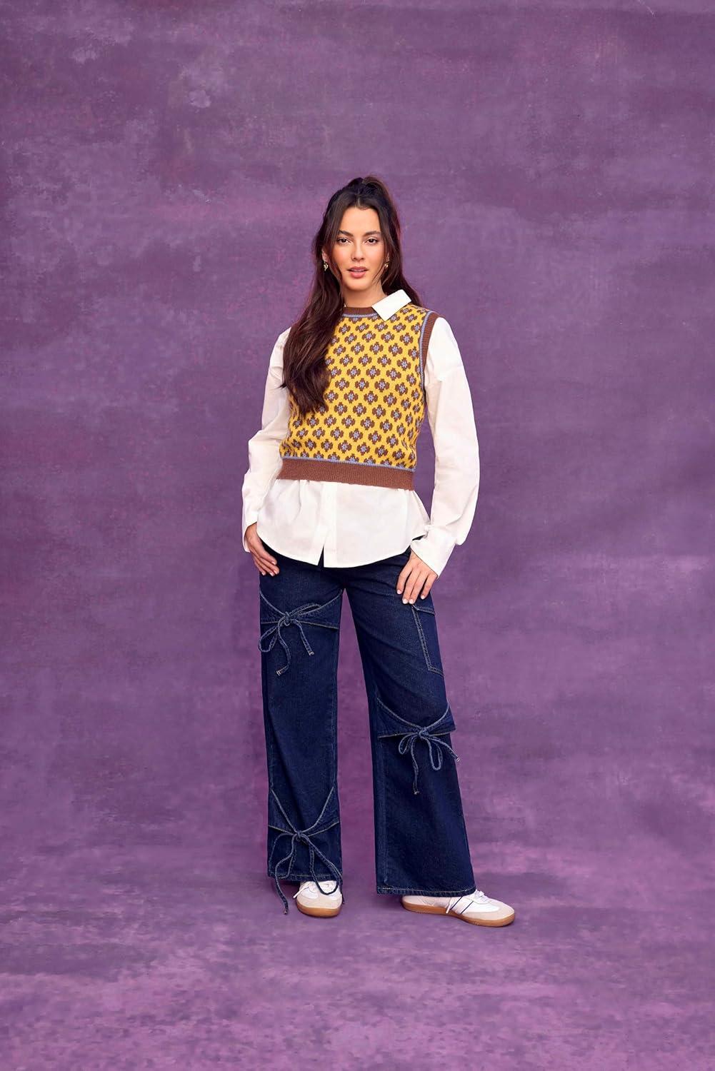 imageCIDER Sweater Vest Women Sleeveless Cropped Sweaters Cute Graphic Tank Tops Old Money Clothes Fall OutfitsYellow