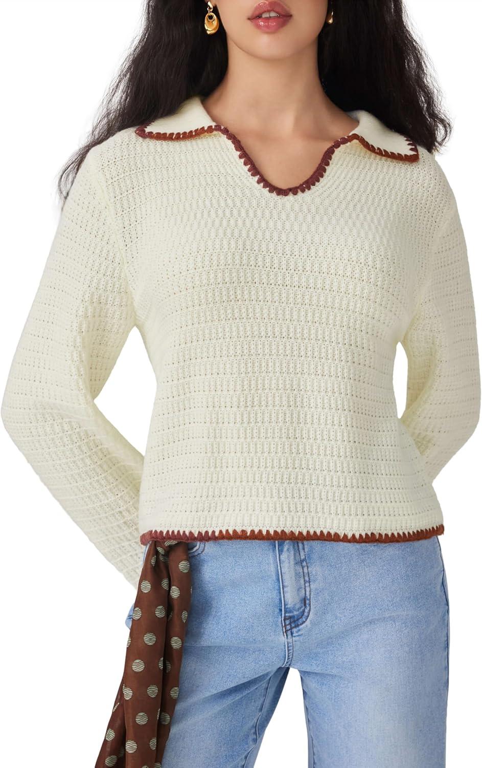 imageCIDER Sweaters for Women Trendy Color Trim Cute Long Sleeve V Neck Collared Knit Pullover Sweater Tops Fall OutfitsBeige