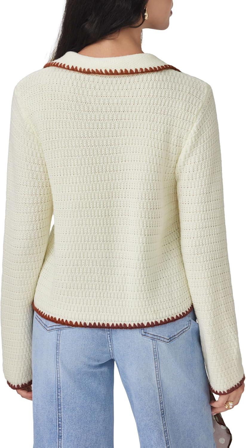 imageCIDER Sweaters for Women Trendy Color Trim Cute Long Sleeve V Neck Collared Knit Pullover Sweater Tops Fall OutfitsBeige