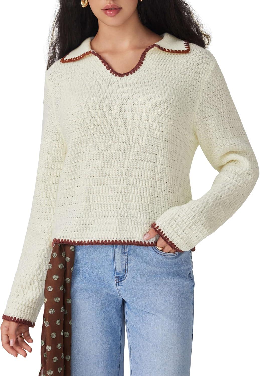 imageCIDER Sweaters for Women Trendy Color Trim Cute Long Sleeve V Neck Collared Knit Pullover Sweater Tops Fall OutfitsBeige