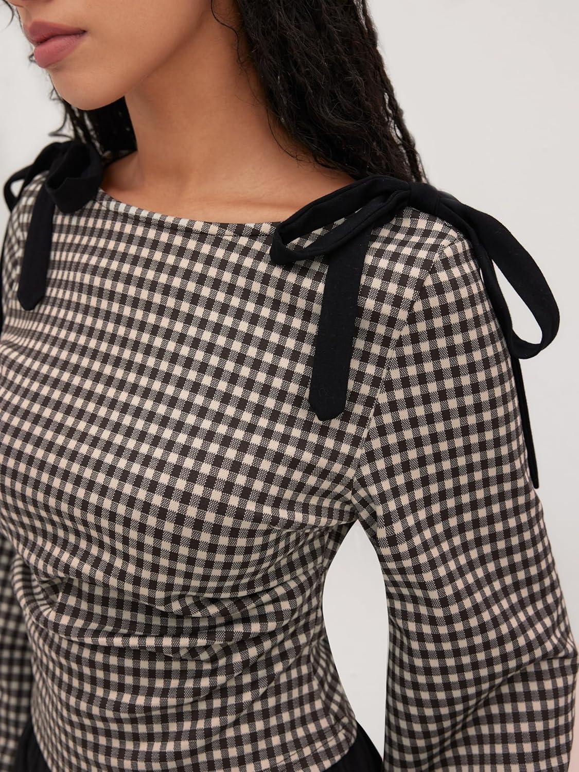 imageCIDER Tops Gingham Bowknot Ruched Long Sleeve Boat Neck Slim Fit TopCoffee