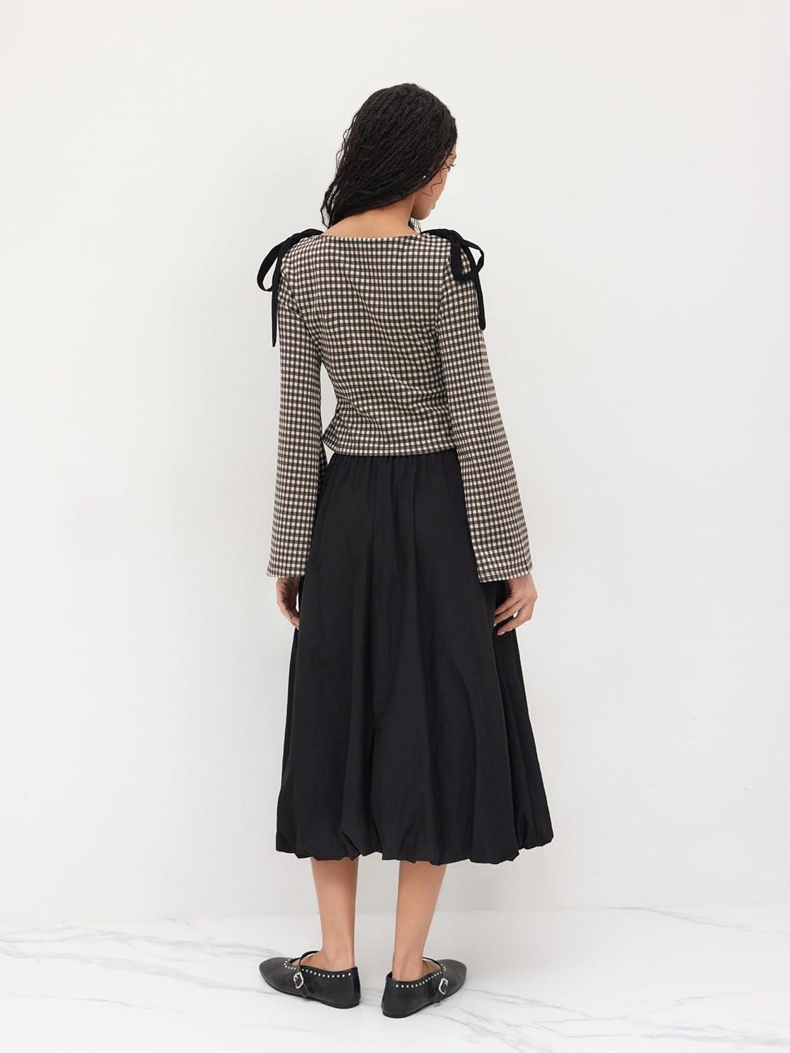 imageCIDER Tops Gingham Bowknot Ruched Long Sleeve Boat Neck Slim Fit TopCoffee