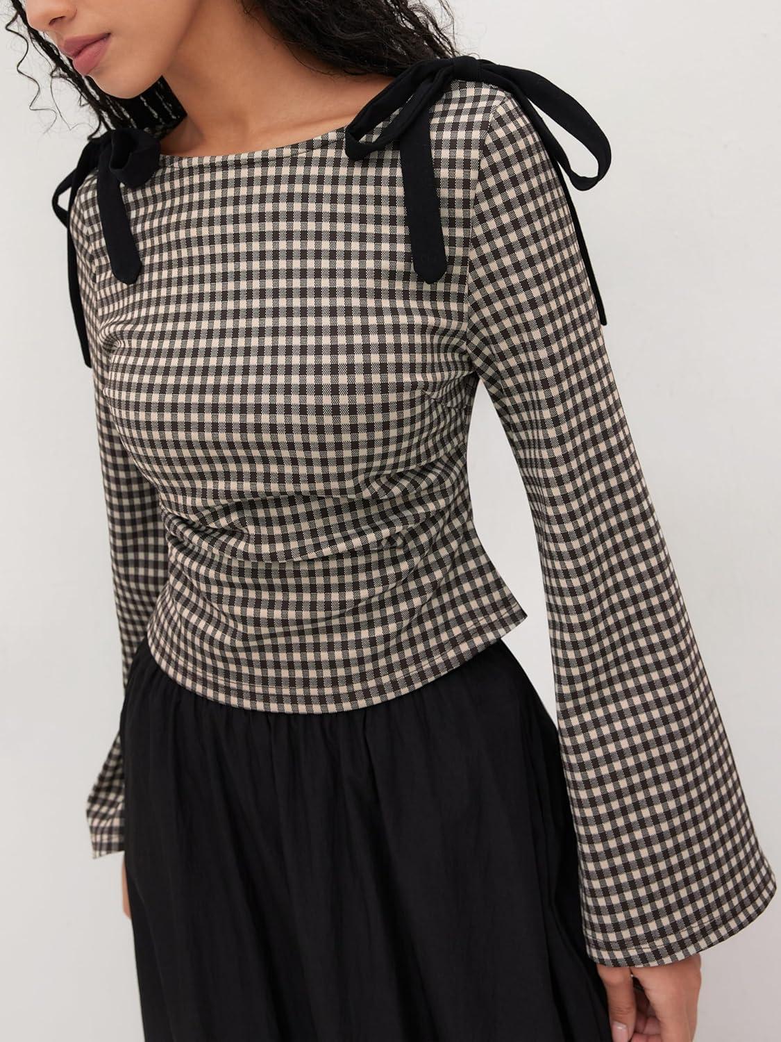 imageCIDER Tops Gingham Bowknot Ruched Long Sleeve Boat Neck Slim Fit TopCoffee