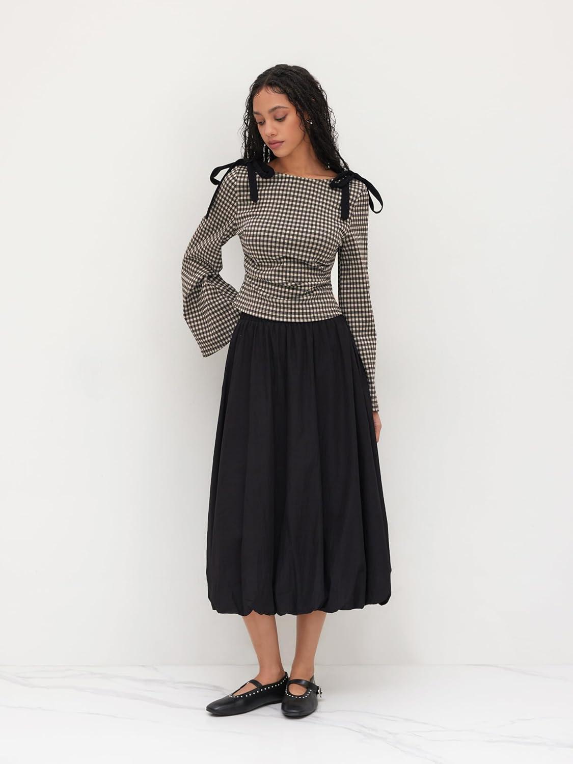 imageCIDER Tops Gingham Bowknot Ruched Long Sleeve Boat Neck Slim Fit TopCoffee