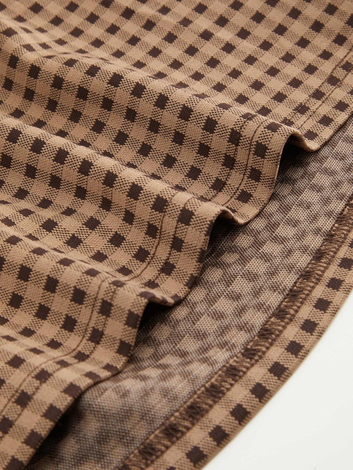 imageCIDER Tops Gingham Bowknot Ruched Long Sleeve Boat Neck Slim Fit TopTan