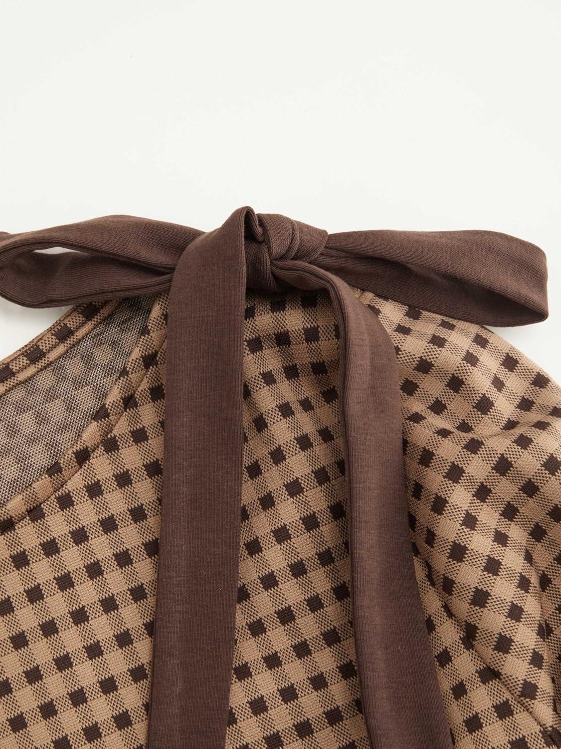 imageCIDER Tops Gingham Bowknot Ruched Long Sleeve Boat Neck Slim Fit TopTan