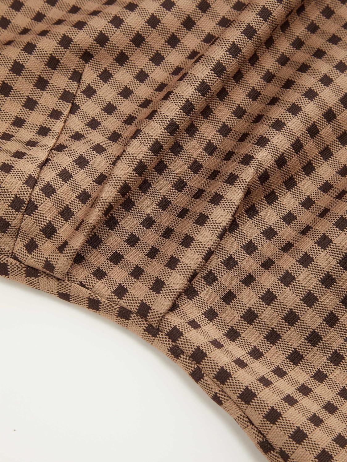 imageCIDER Tops Gingham Bowknot Ruched Long Sleeve Boat Neck Slim Fit TopTan