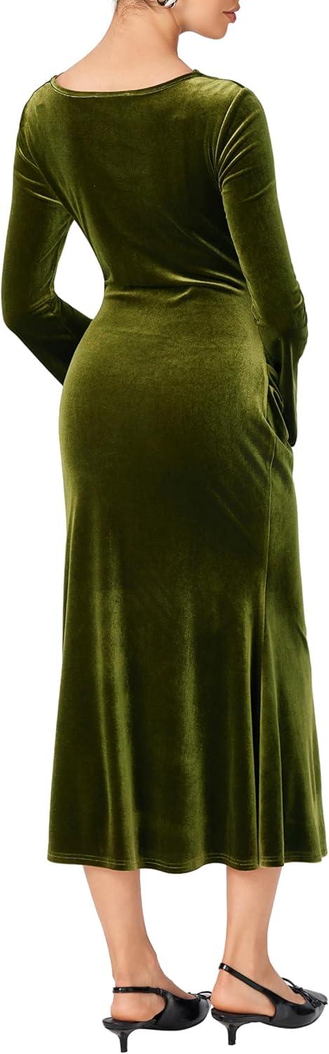 imageCIDER Velvet Dress Fall Wedding Guest Dresses for Women Long Belll Sleeve Cowl Neck Midi Cocktail Formal Dresses TrendyGreen