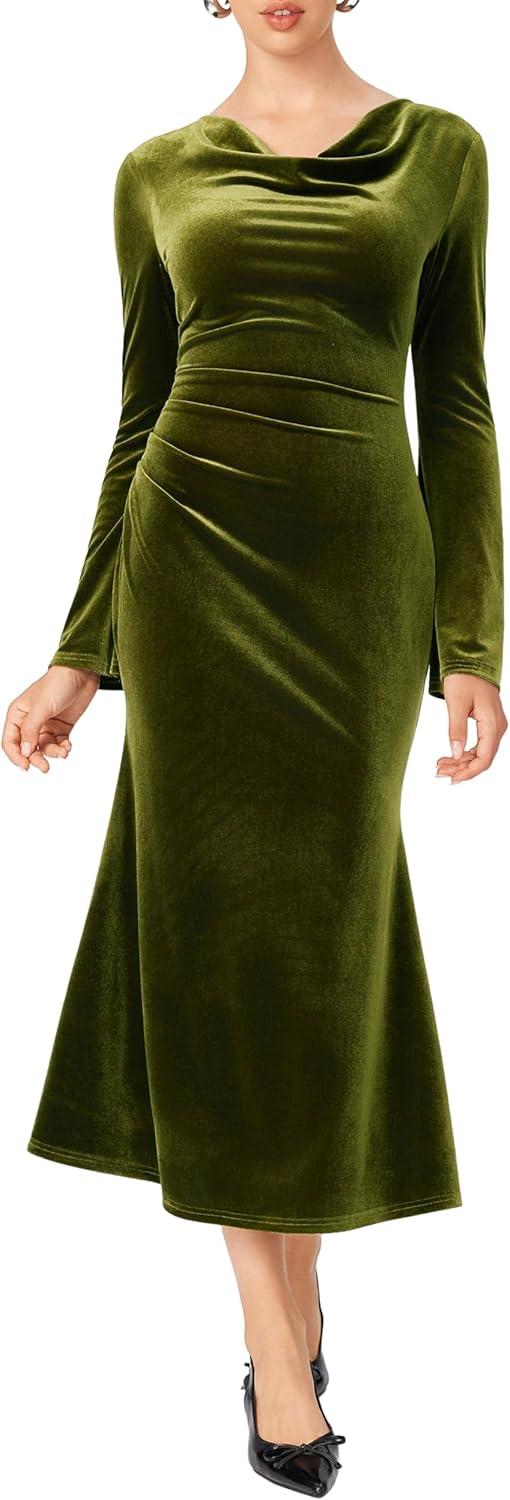 imageCIDER Velvet Dress Fall Wedding Guest Dresses for Women Long Belll Sleeve Cowl Neck Midi Cocktail Formal Dresses TrendyGreen