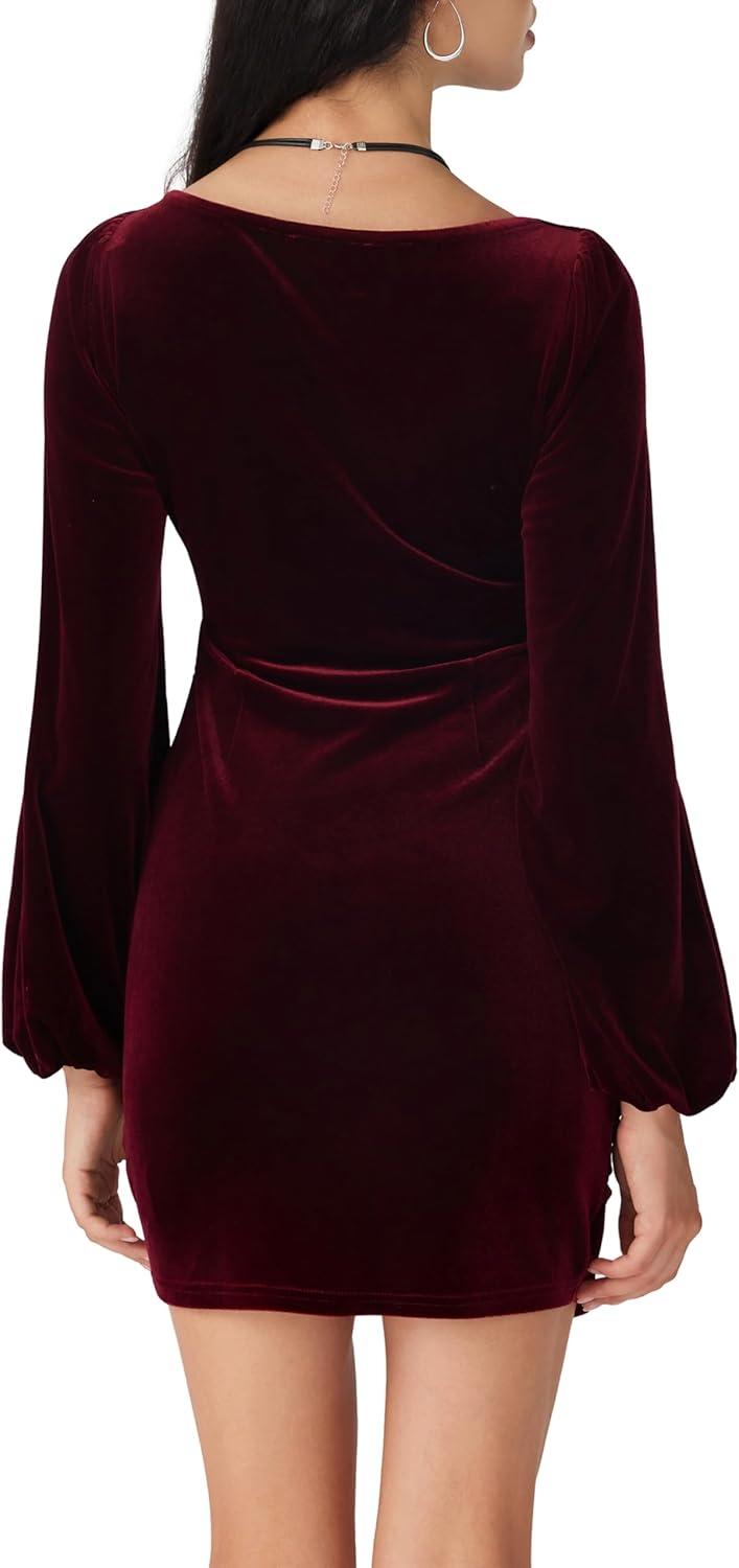 imageCIDER Velvet Mini Dresses Cocktail Long Lantern Sleeve Wedding Guest Dress Fall Fashion Bodycon Party Club OutfitsWine
