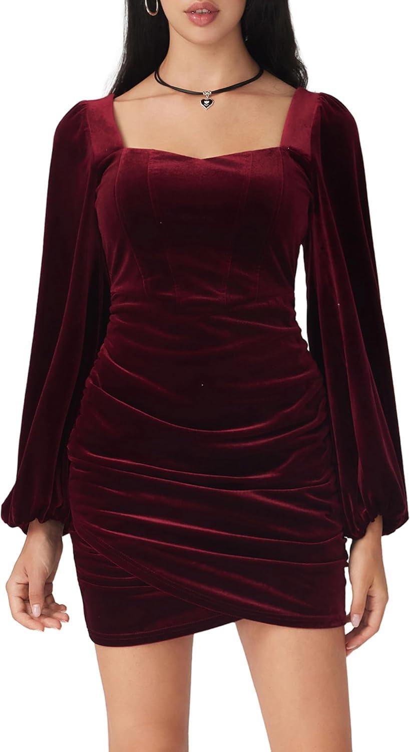 imageCIDER Velvet Mini Dresses Cocktail Long Lantern Sleeve Wedding Guest Dress Fall Fashion Bodycon Party Club OutfitsWine