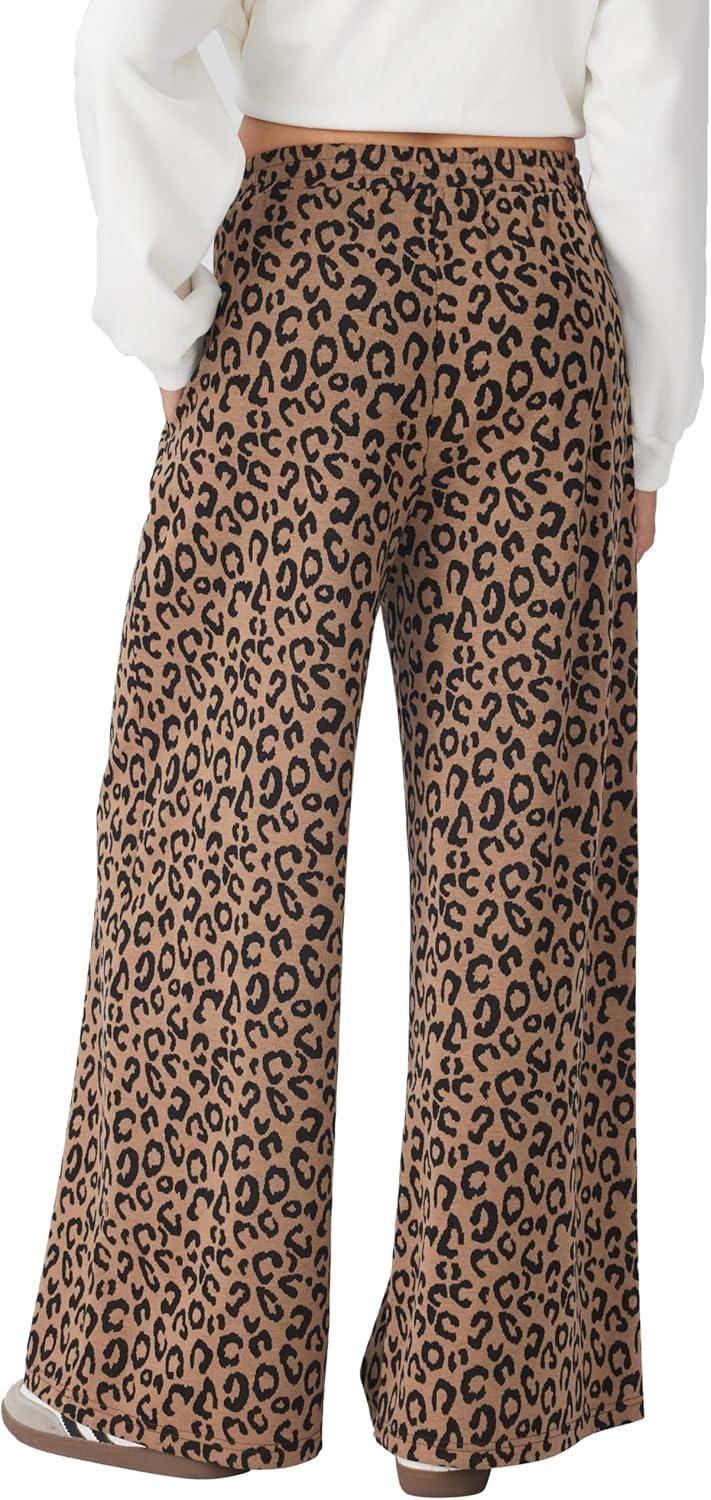 imageCIDER Women Leopard Print Wide Leg Lounge Pants Elastic Waist Casual Trousers 2025 Fall with PocketsBrown
