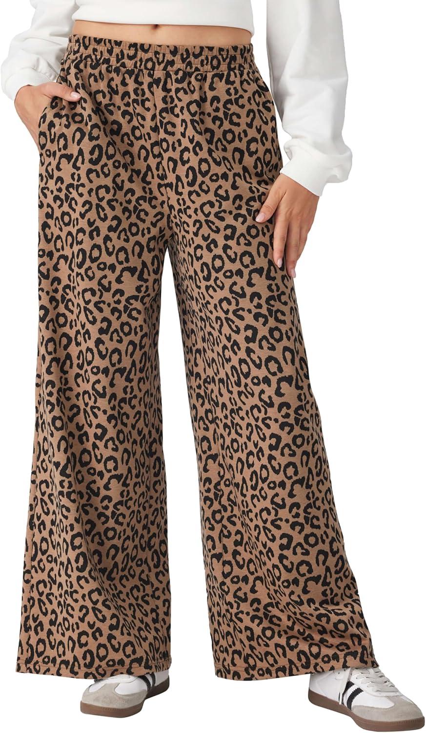 imageCIDER Women Leopard Print Wide Leg Lounge Pants Elastic Waist Casual Trousers 2025 Fall with PocketsBrown