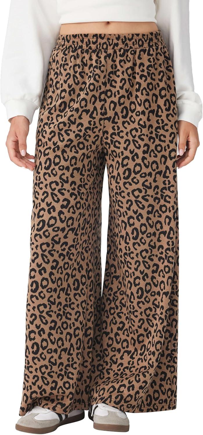 imageCIDER Women Leopard Print Wide Leg Lounge Pants Elastic Waist Casual Trousers 2025 Fall with PocketsBrown