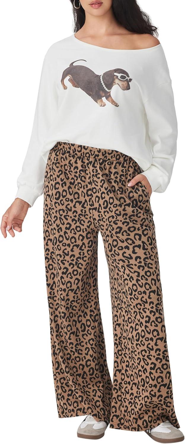 imageCIDER Women Leopard Print Wide Leg Lounge Pants Elastic Waist Casual Trousers 2025 Fall with PocketsBrown