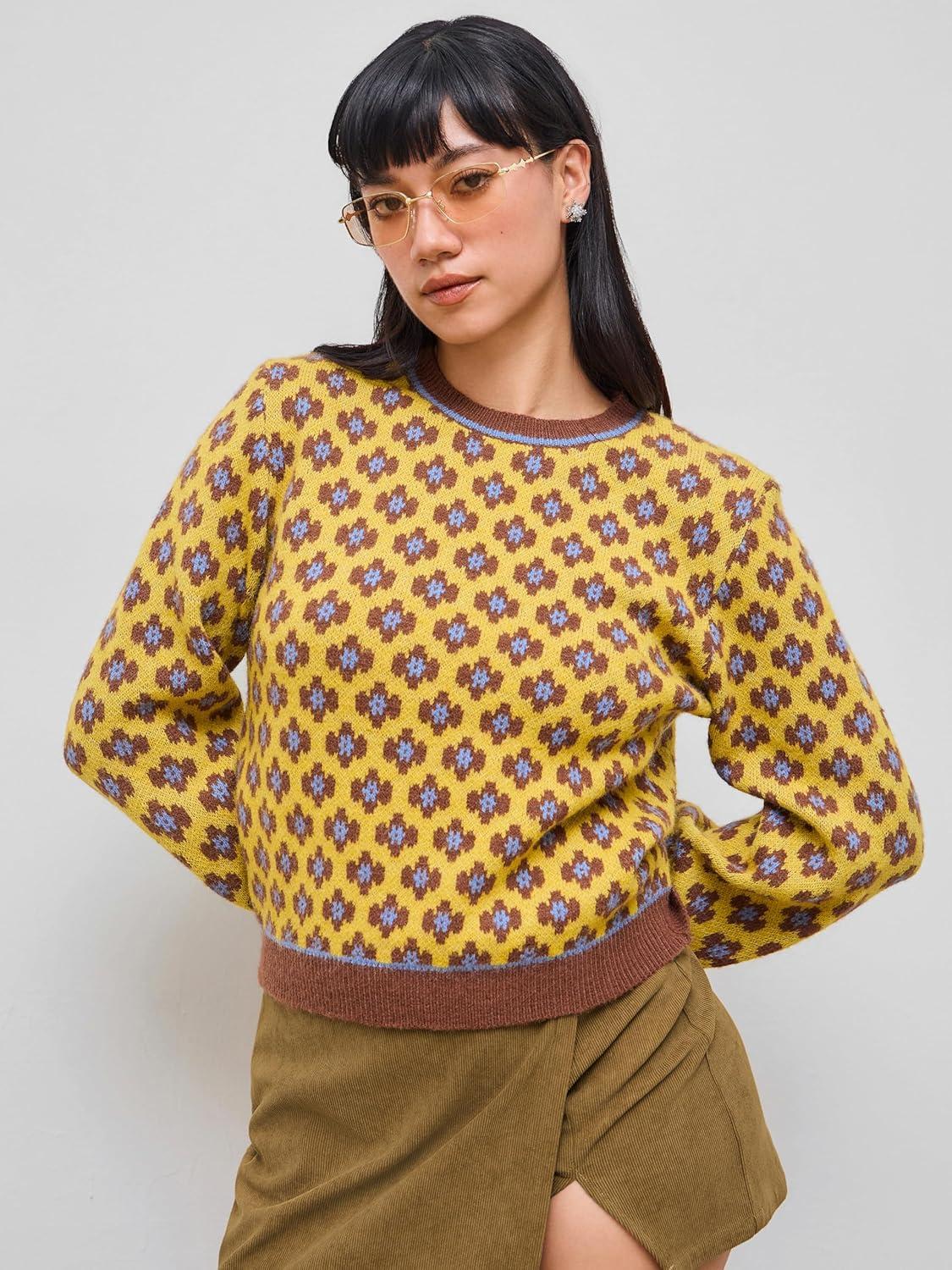 imageCIDER Women Sweaters Floral Crew Neck Long Sleeve Pullover Sweater Trendy Casual Fall OutfitsYellow