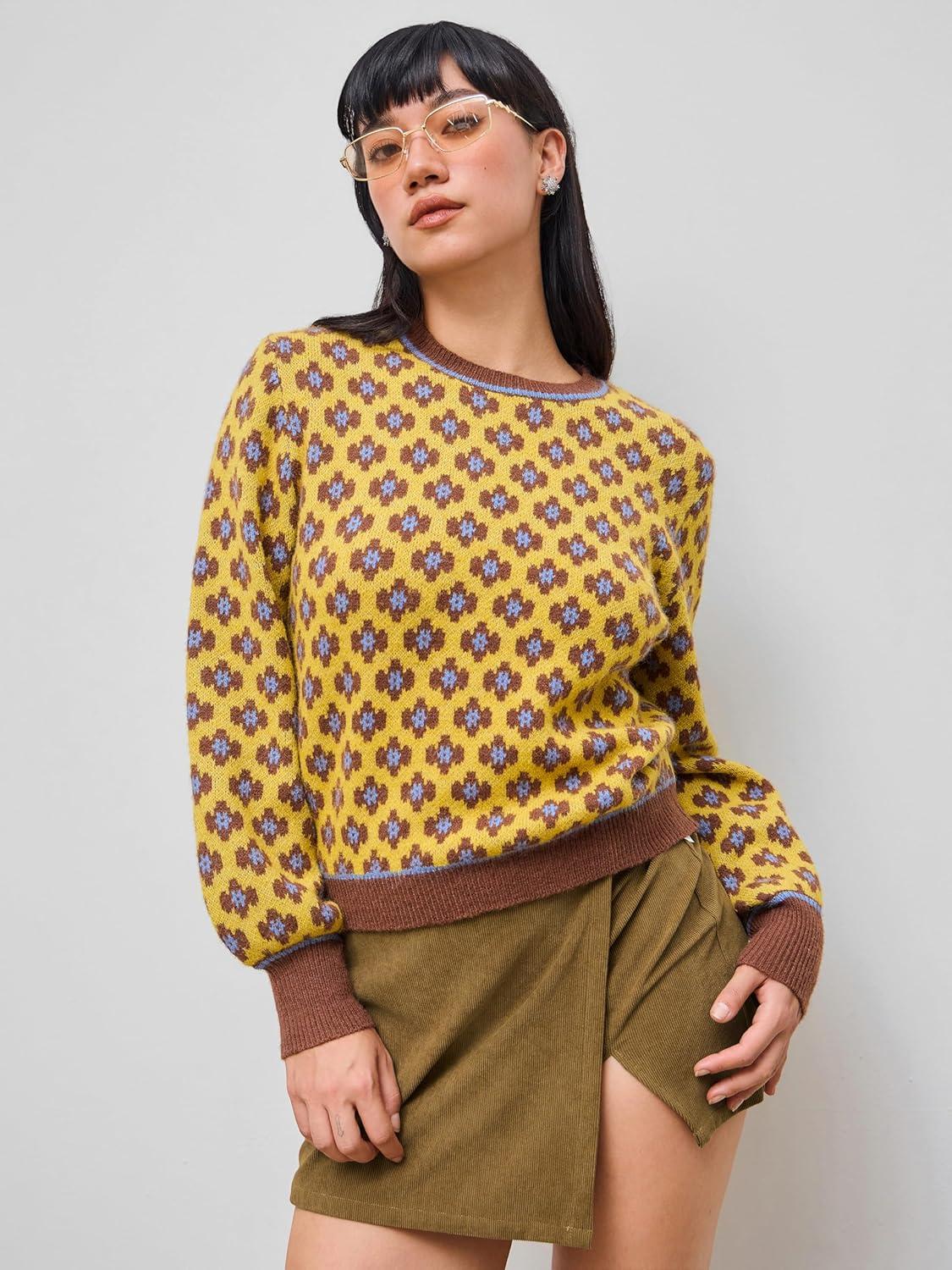 imageCIDER Women Sweaters Floral Crew Neck Long Sleeve Pullover Sweater Trendy Casual Fall OutfitsYellow