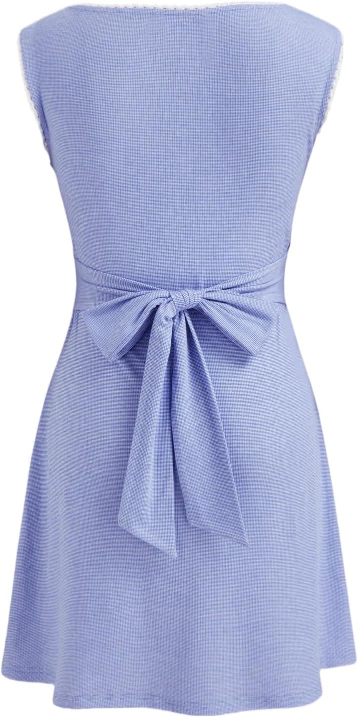 imageCIDER Womens Cute Summer Mini Dress Boat Neck Sleeveless Ruched Tie Back Casual Dresses Nightgown TrendyBaby Blue