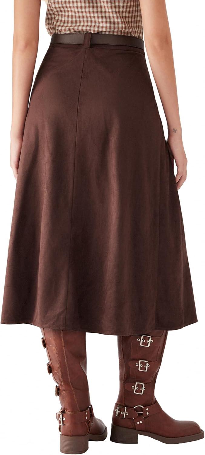 imageCIDER Womens Faux Suede Maxi Skirts Pleated High Waist ALine Skirt with Belt Vintage Going Out Outfit Fall TrendyBrown