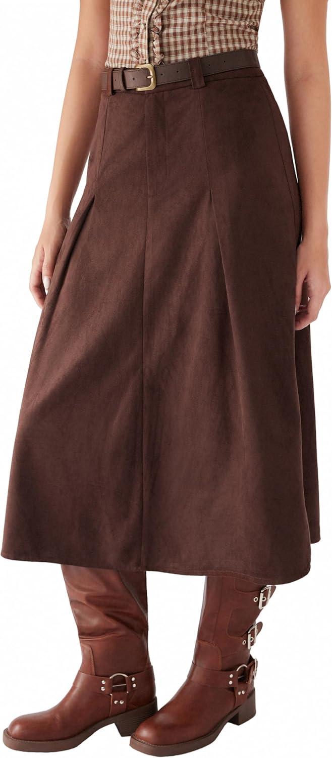 imageCIDER Womens Faux Suede Maxi Skirts Pleated High Waist ALine Skirt with Belt Vintage Going Out Outfit Fall TrendyBrown