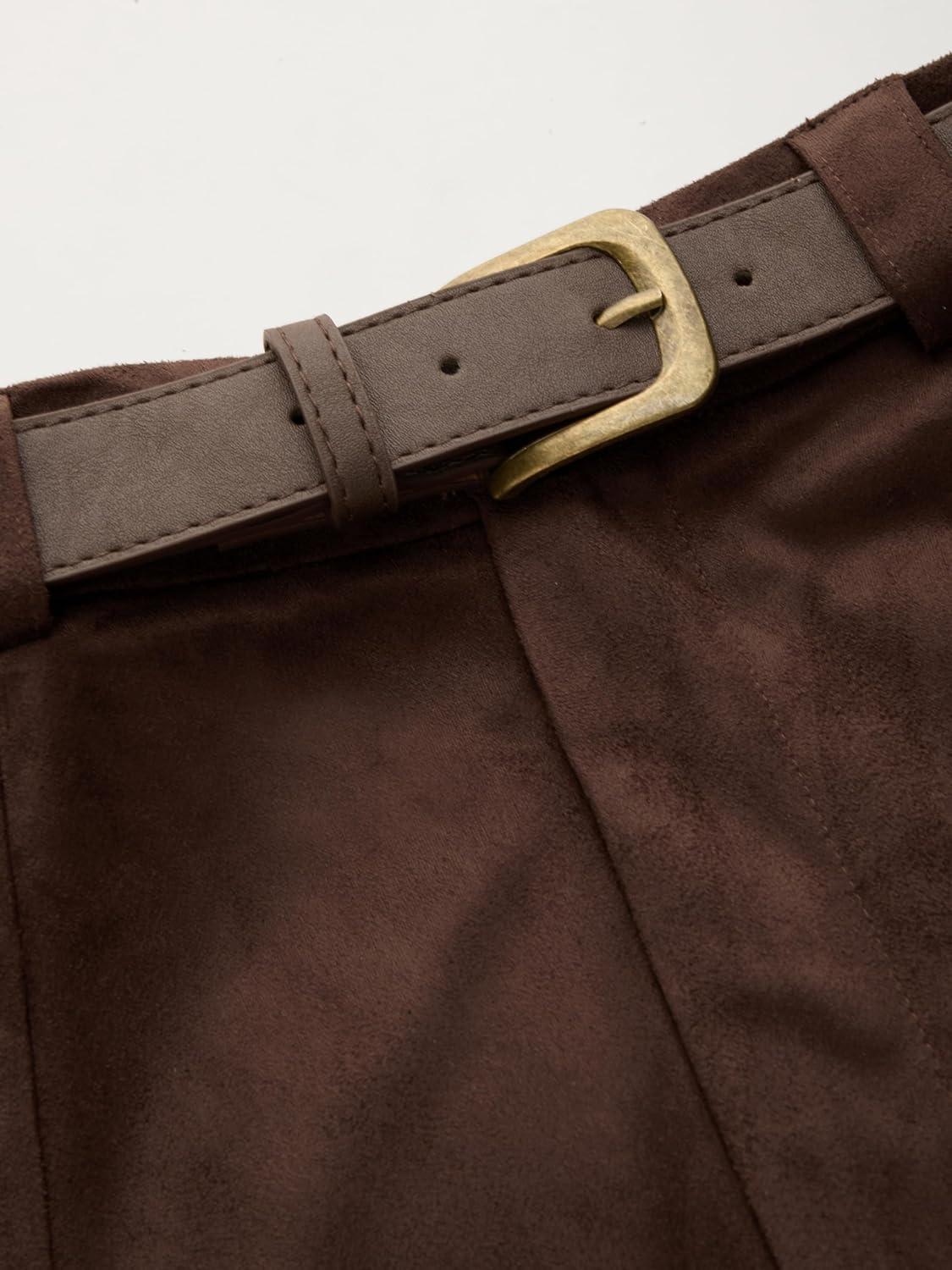 imageCIDER Womens Faux Suede Maxi Skirts Pleated High Waist ALine Skirt with Belt Vintage Going Out Outfit Fall TrendyBrown