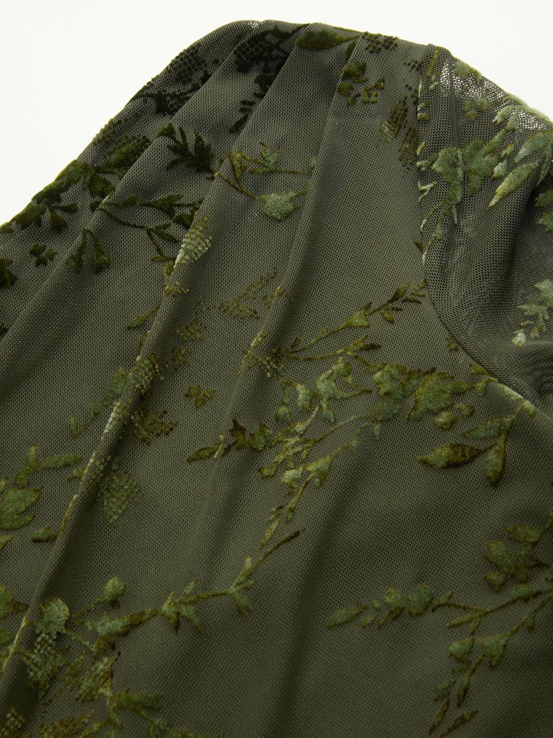 imageCIDER Womens Floral Mesh Maxi Dress Long Sleeve Fall Fashion Formal Bodycon Cocktail Vintage Wedding Guest DressesDark Green