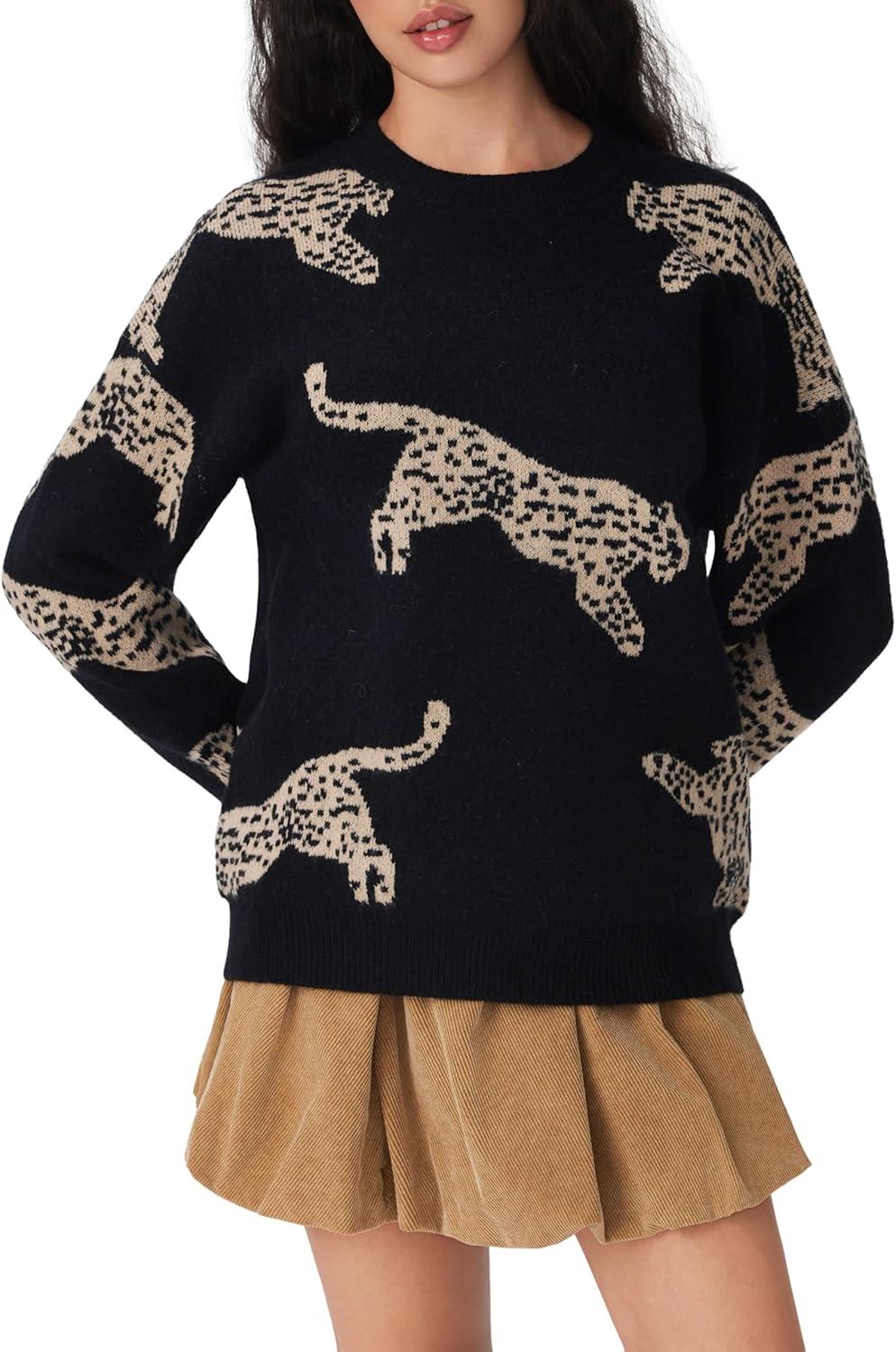 imageCIDER Womens Leopard Crew Neck Long Sleeve Boho Knit Sweater Casual Pullover Fall SweaterBlack