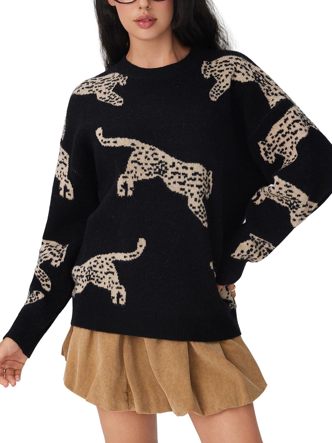 imageCIDER Womens Leopard Crew Neck Long Sleeve Boho Knit Sweater Casual Pullover Fall SweaterBlack