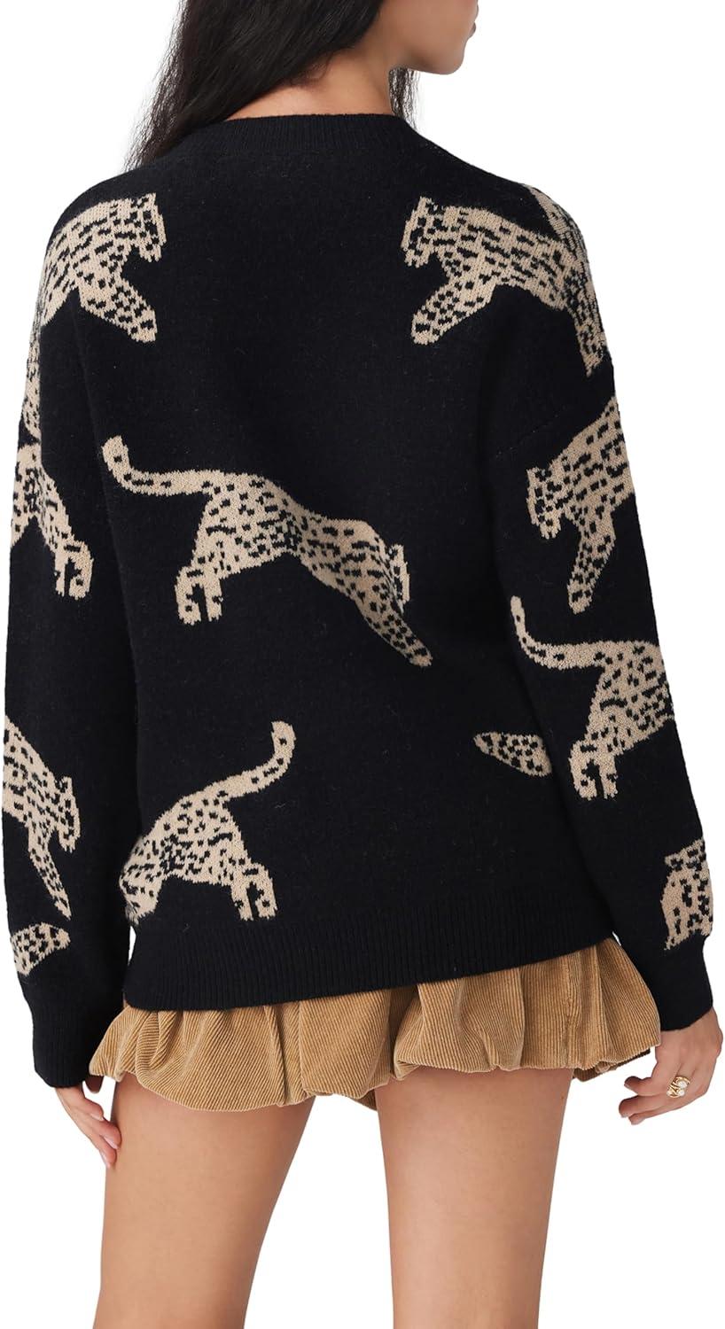 imageCIDER Womens Leopard Crew Neck Long Sleeve Boho Knit Sweater Casual Pullover Fall SweaterBlack