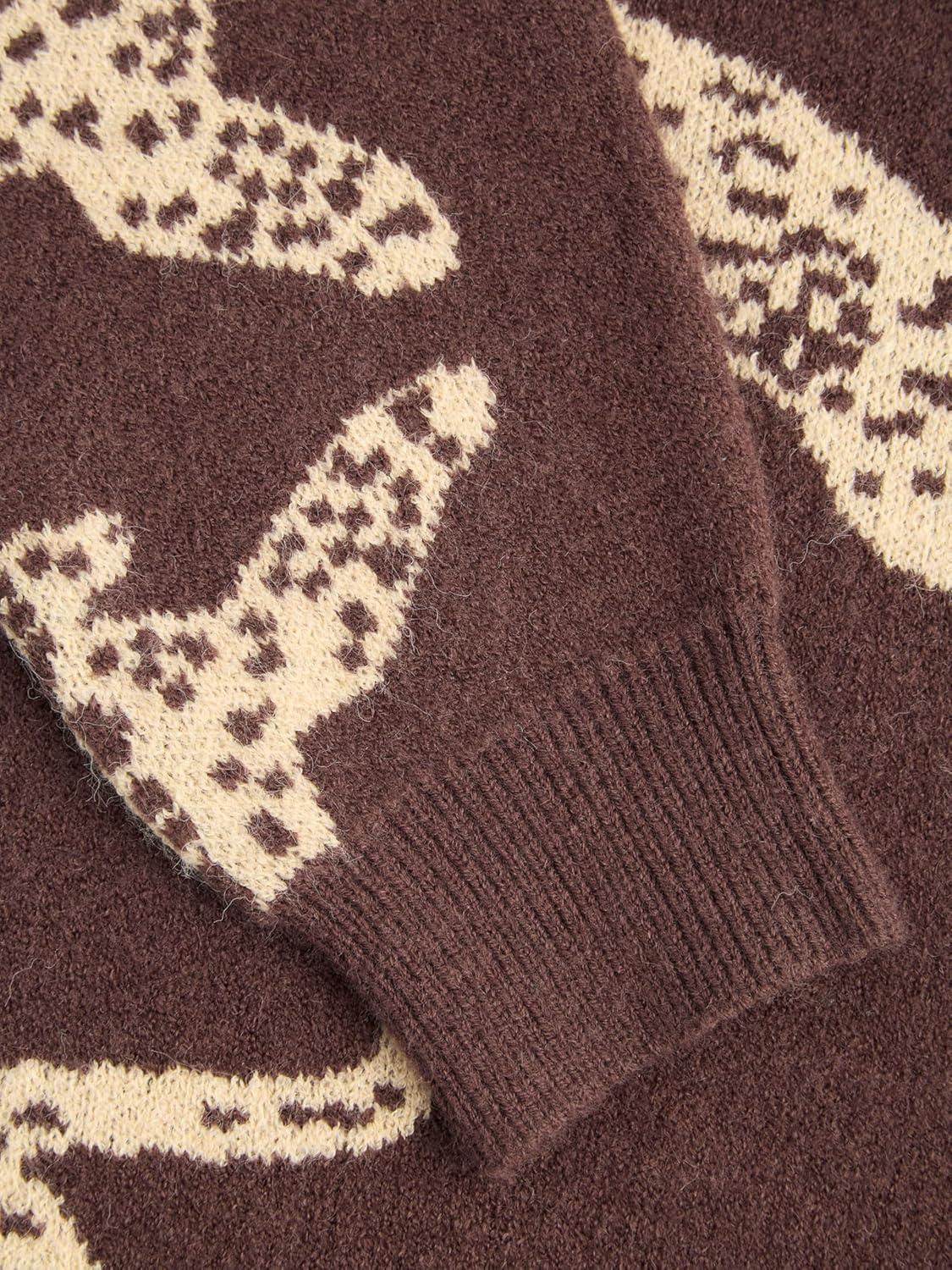 imageCIDER Womens Leopard Crew Neck Long Sleeve Boho Knit Sweater Casual Pullover Fall SweaterCoffee