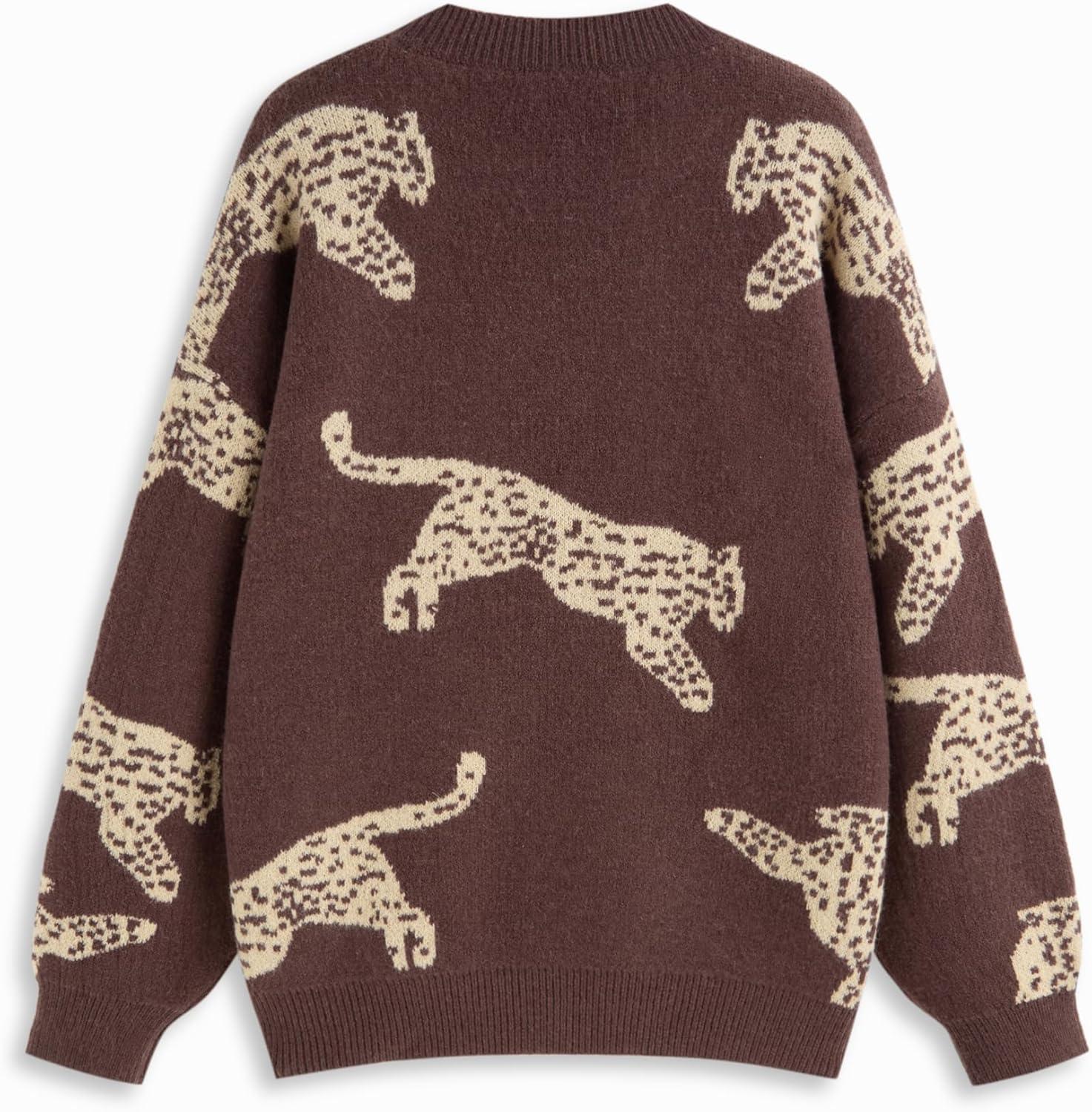 imageCIDER Womens Leopard Crew Neck Long Sleeve Boho Knit Sweater Casual Pullover Fall SweaterCoffee